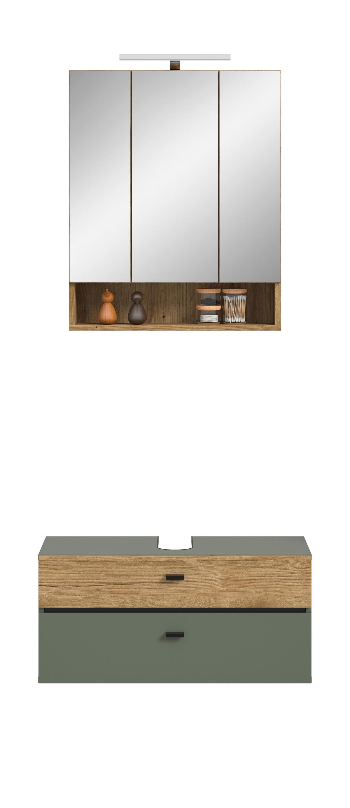 Badezimmer AQUA Grün, Eichefarbn 2-teilig - Eichefarben/Schwarz, Trend, Glas/Holzwerkstoff (75cm) - MID.YOU