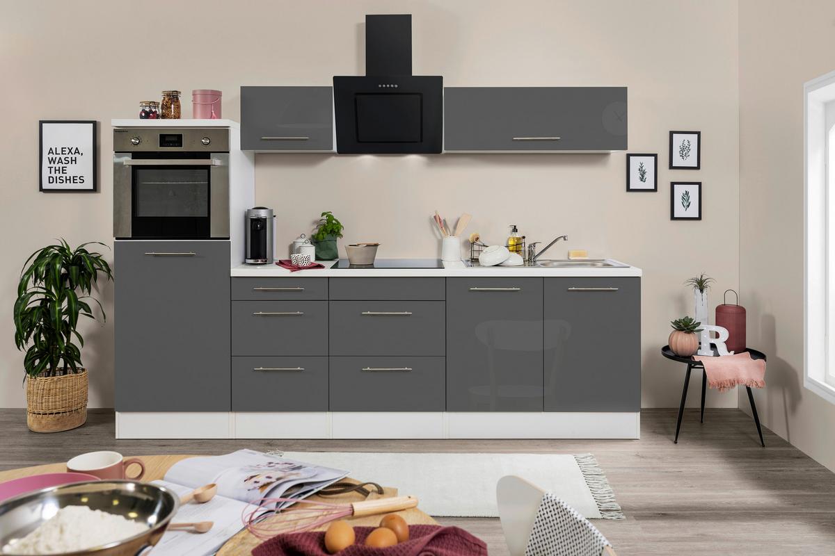 Küchenzeile mit Geräte Grau/Weiß B: ca. 270 cm - Edelstahlfarben/Weiß, KONVENTIONELL, Holzwerkstoff/Metall (270cm) - Respekta