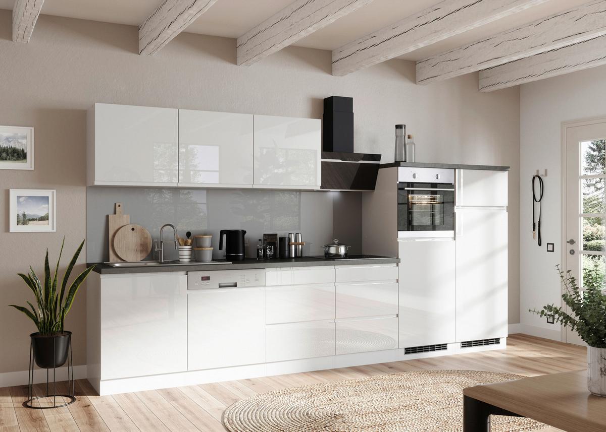 Küchenzeile Monza ohne Geräte ca. 360 cm Weiß/Grau + Spüle - Weiß Hochglanz/Weiß, LIFESTYLE, Holzwerkstoff (360cm) - Held
