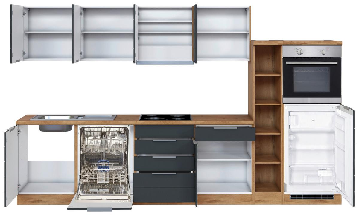 Küchenblock Florenz mit Geräten ca. 330 cm Grau/Eiche - Eiche Wotan/Grau, Design, Holzwerkstoff/Metall (330cm) - Held