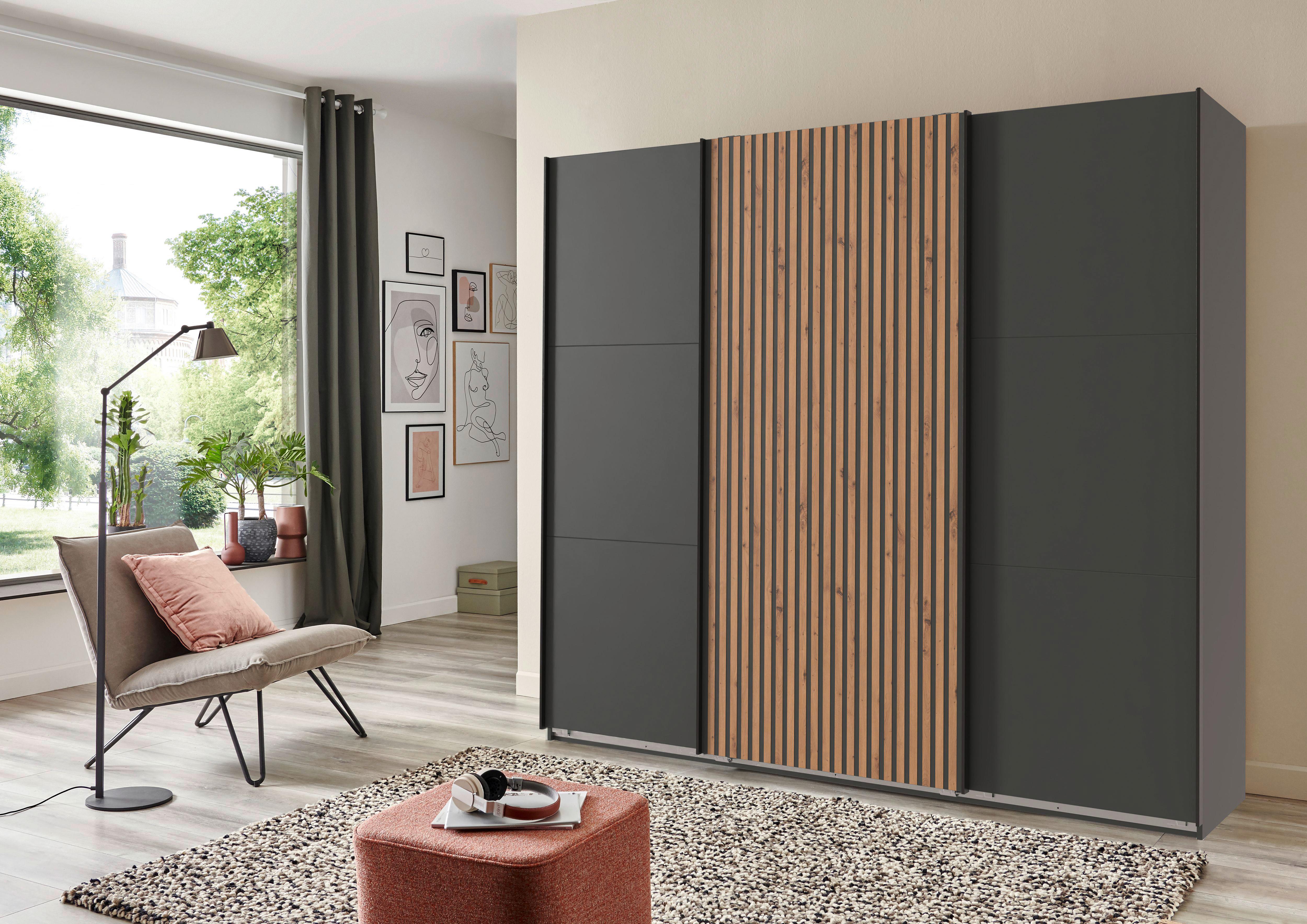 DULAP USI CULISANTE ANDORRA - culoare lemn stejar/grafit, Modern, material pe bază de lemn (250/216/65cm) - Modern Living