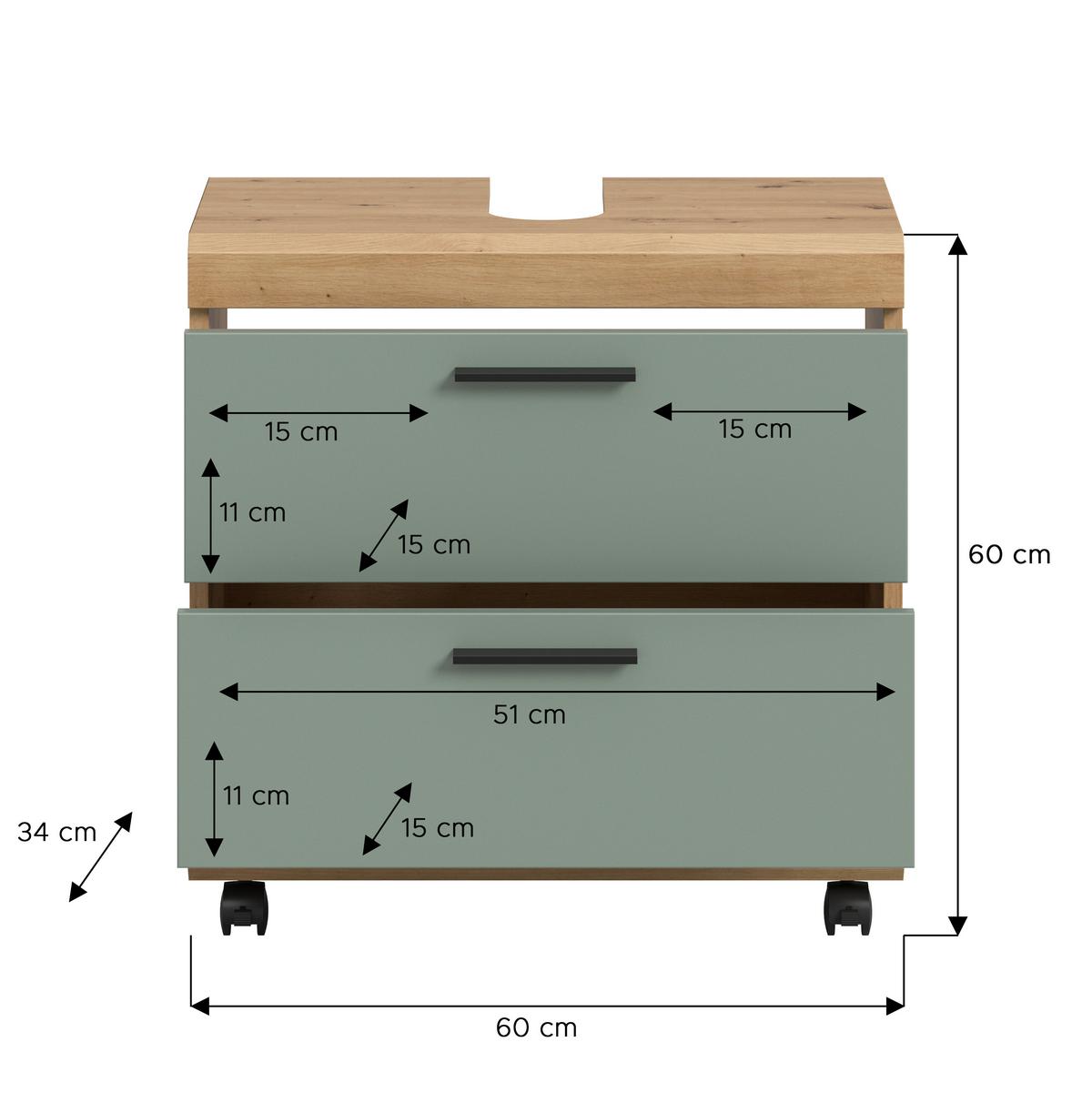 Waschbeckenunterschrank Scout Salbeigrün/Eiche Artisan - Salbeigrün/Schwarz, Trend, Holzwerkstoff/Kunststoff (60/60/34cm) - MID.YOU
