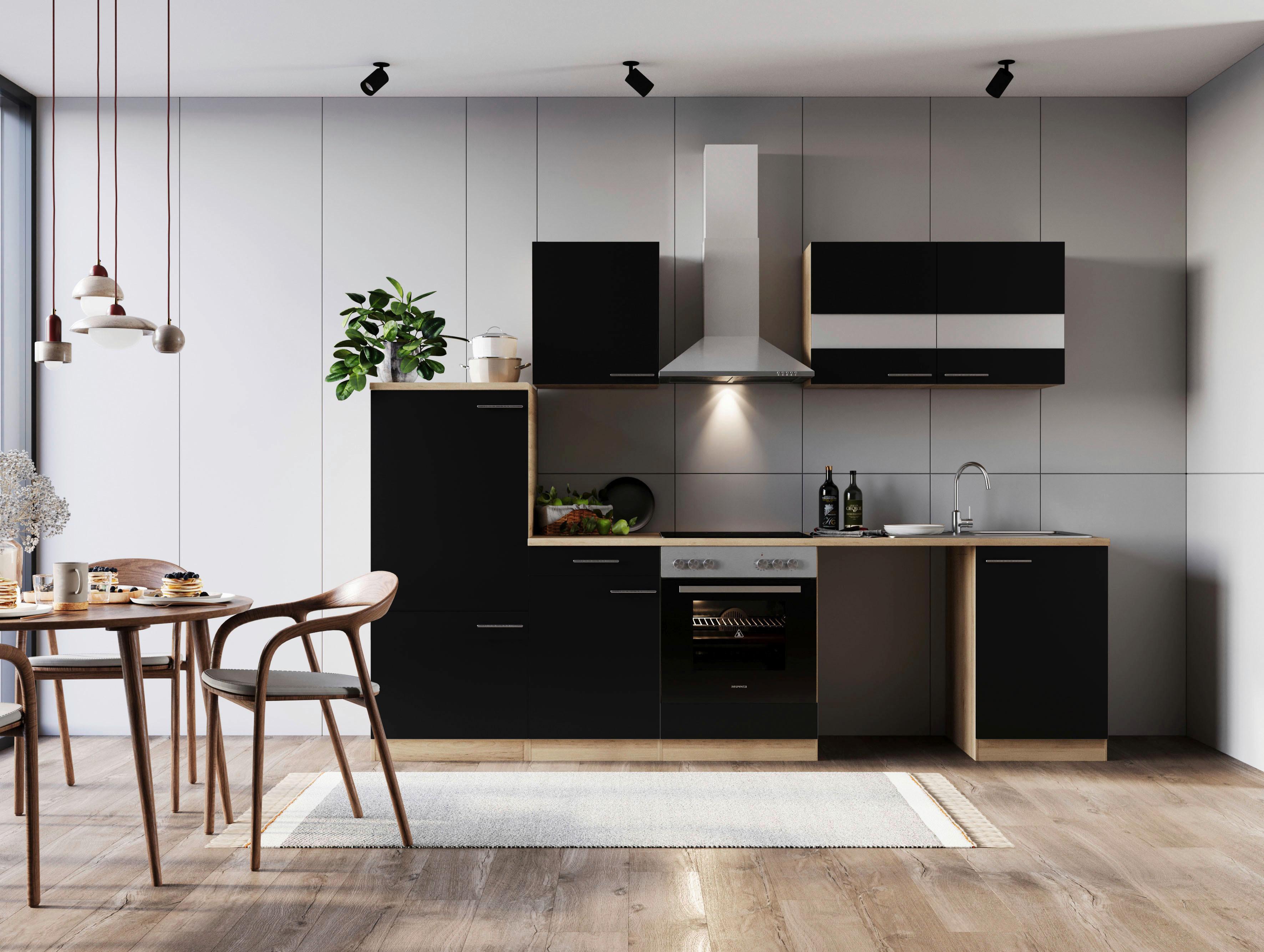 Küchenblock Merle m. Geräten Schwarz - Edelstahlfarben/Eichefarben, Basics, Glas/Holzwerkstoff (280cm) - Respekta