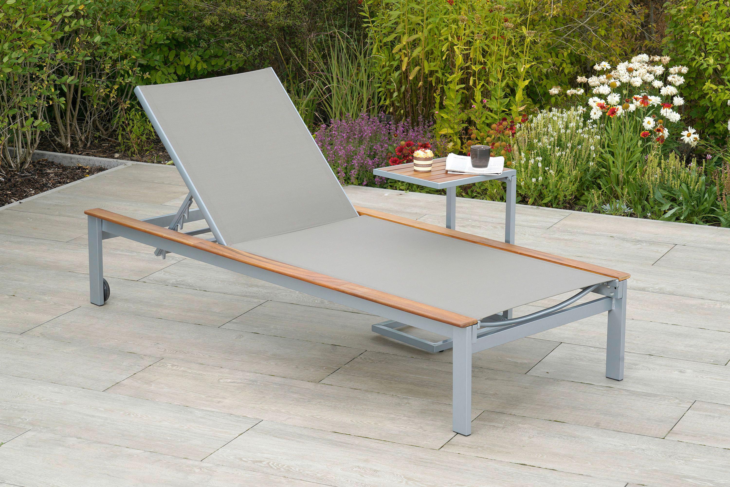 Gartenliege Naxos ca. 198x84cm Alu/Akazie massiv - Beige/Silberfarben, MODERN, Holz/Metall (198/103/84cm) - Gardenson