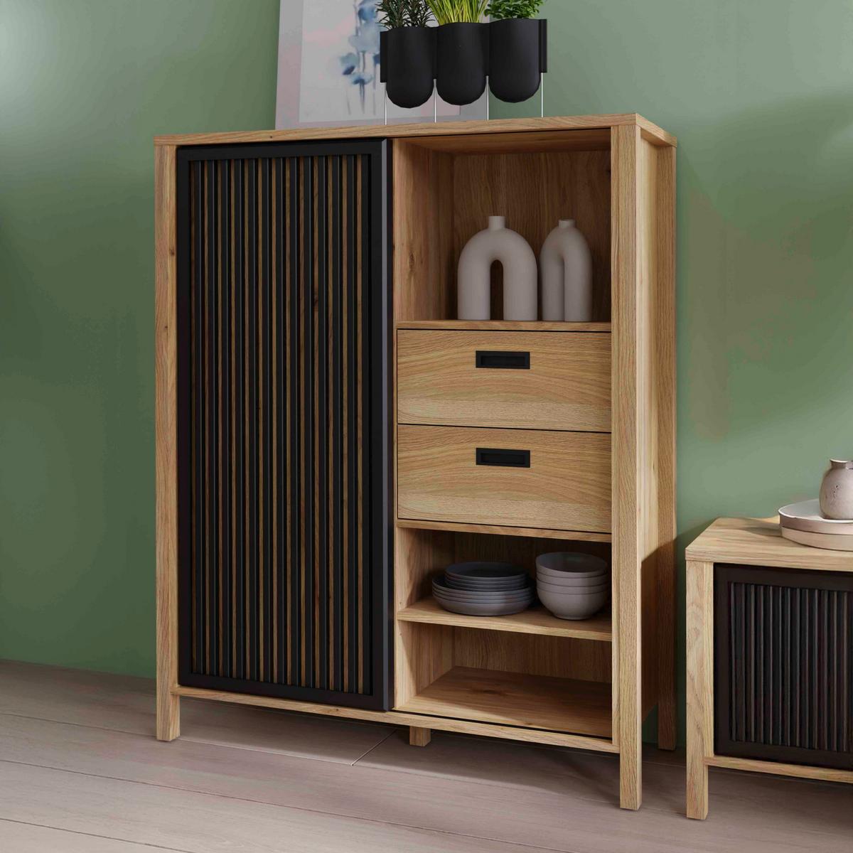 Highboard Jytana Schwarz/Eichefarben - Eichefarben/Schwarz, Modern, Holzwerkstoff (103,4/129,9/40,2cm) - Premium Living