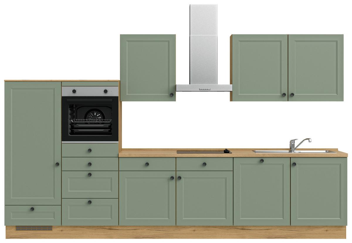 Küchenblock Cascada Low m. Geräten Schilfgrün - Schilfgrün/Eichefarben, MODERN, Holzwerkstoff/Metall (360cm) - Nobilia