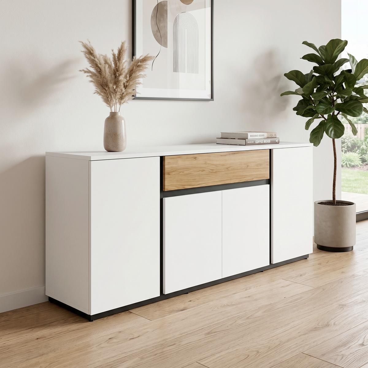 Komoda Novena - bijela/boje hrasta, Trend, drvni materijal/plastika (209/87/40cm) - Modern Living
