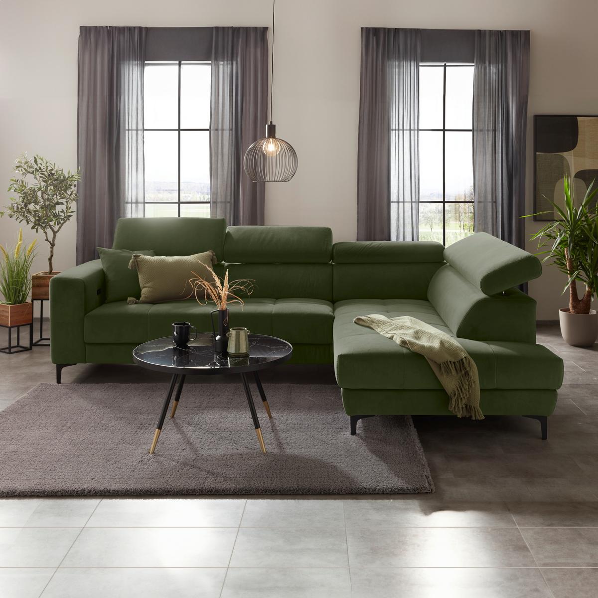 Ecksofa Emma rechts Olivgrün - Schwarz/Olivgrün, MODERN, Textil (301/210cm) - Premium Living