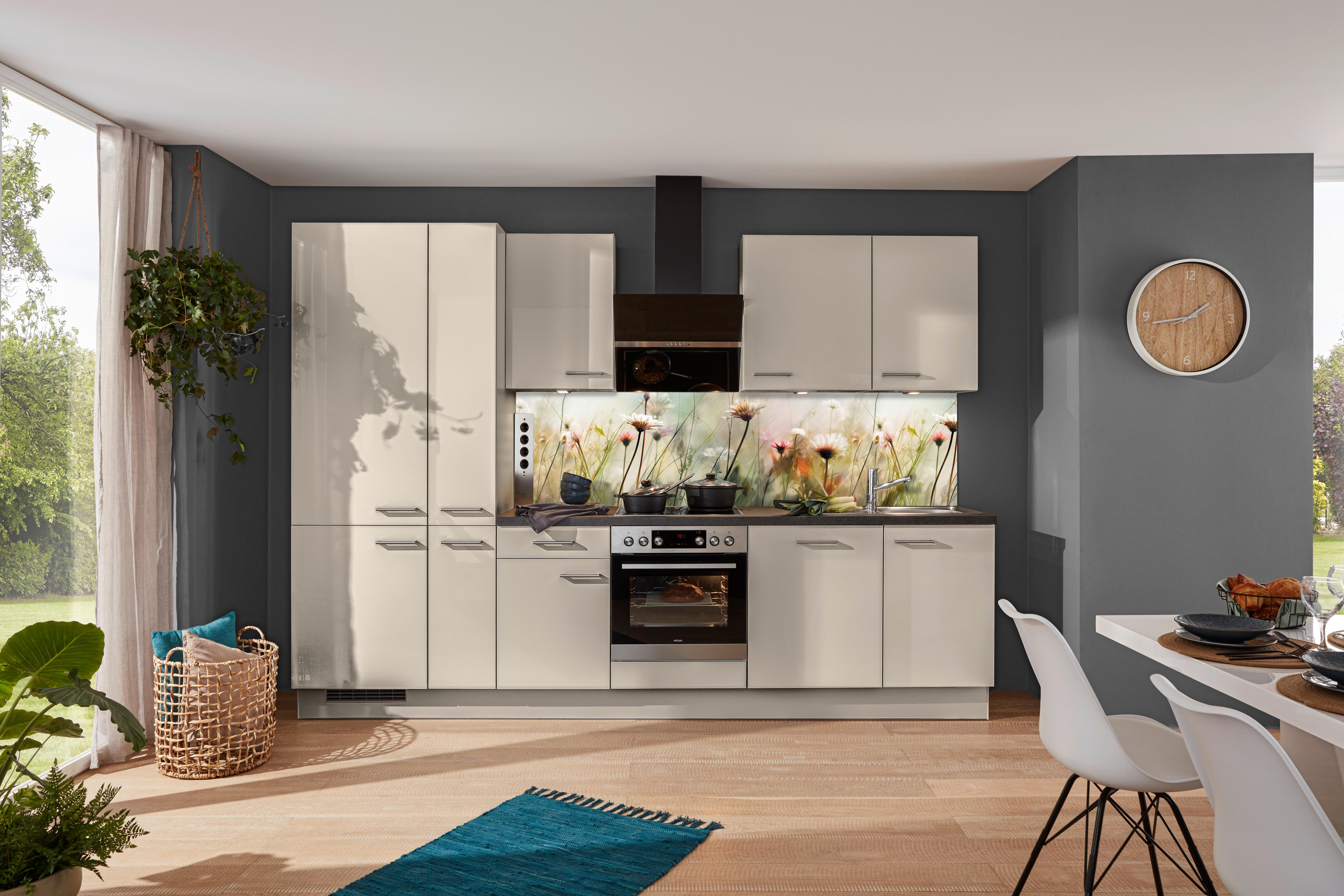 Küchenblock IP4050 Grau Hochglanz - Edelstahlfarben/Grau Hochglanz, MODERN, Holzwerkstoff/Metall (310cm) - Impuls