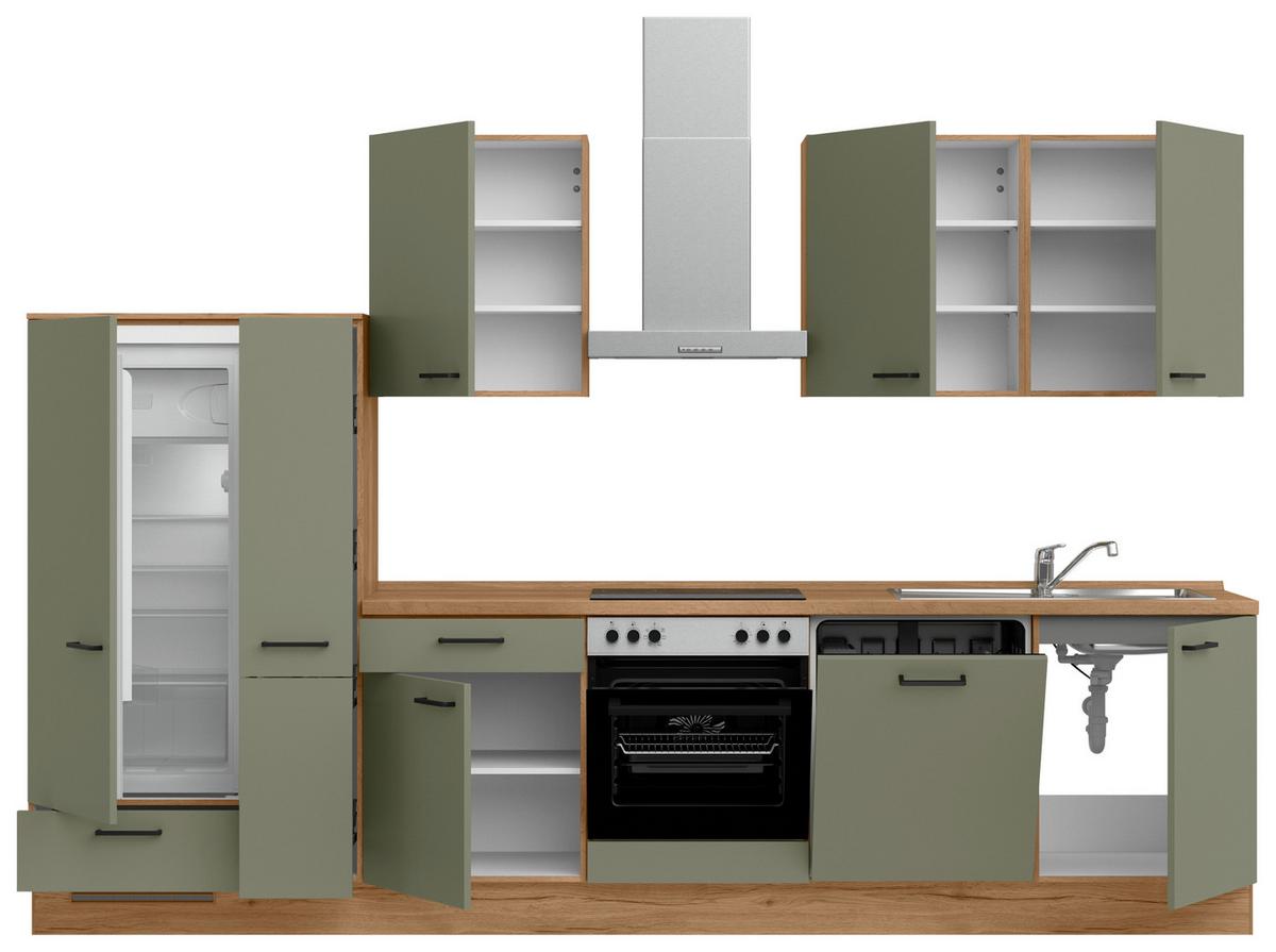Küchenleerblock Senso Low o. Geräte Olivgrün - Eichefarben/Schwarz, MODERN, Holzwerkstoff/Metall (330cm) - Nobilia