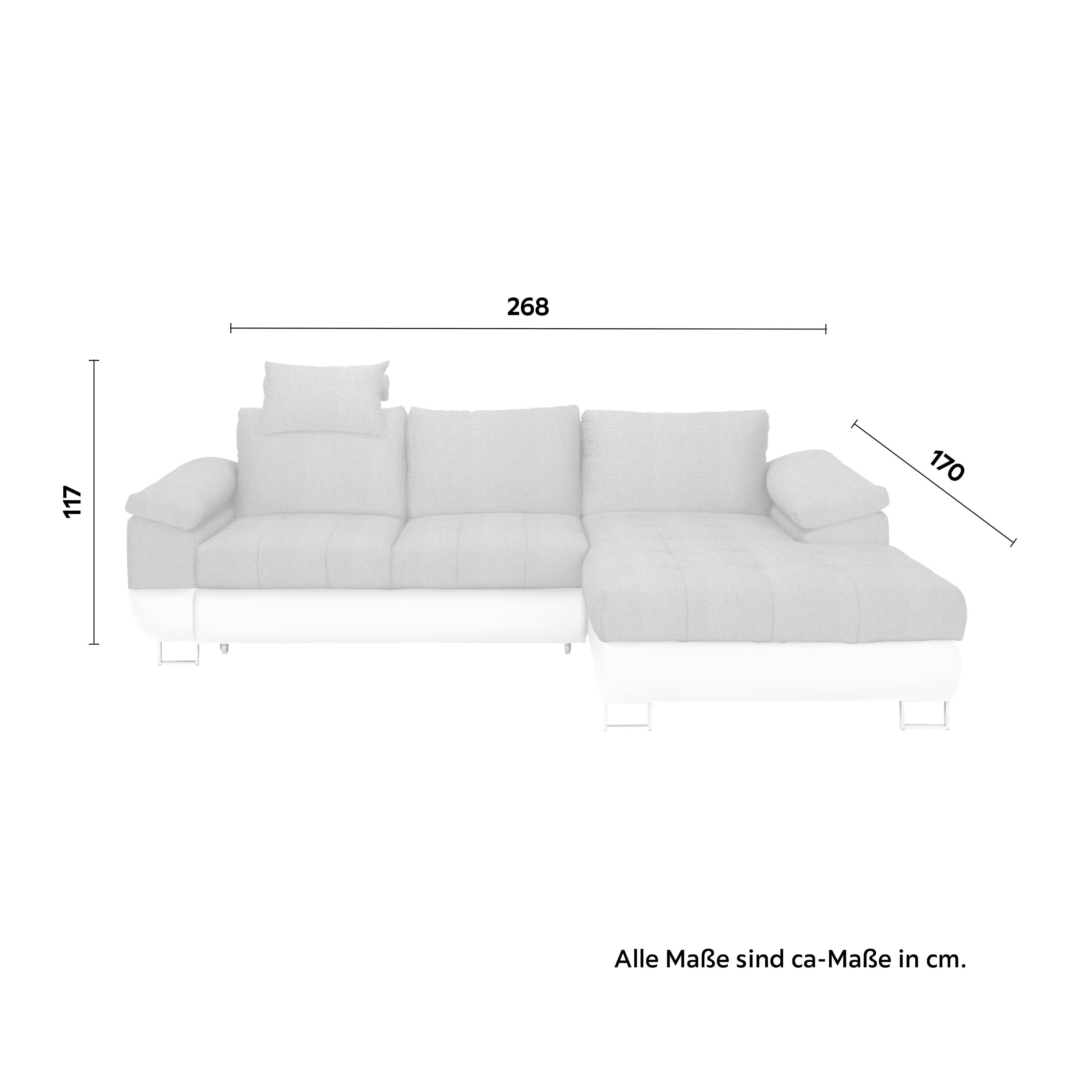 Wohnlandschaft Focus in Grau/Weiß mit Bettfunktion - Chromfarben/Weiß, KONVENTIONELL, Kunststoff/Textil (268/117/170cm) - Based