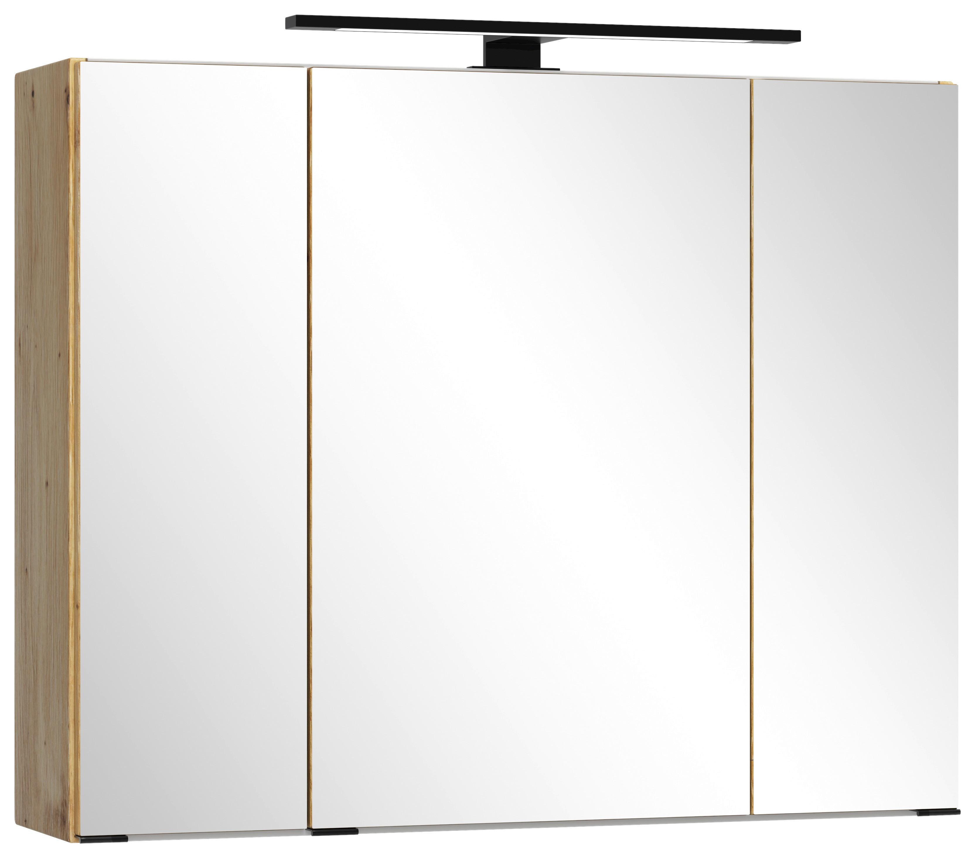 Spiegelschrank Sevilla mit LED 3-türig Eiche Artisan - Schwarz/Eiche Artisan, MODERN, Glas/Holzwerkstoff (80/64/20cm) - Held