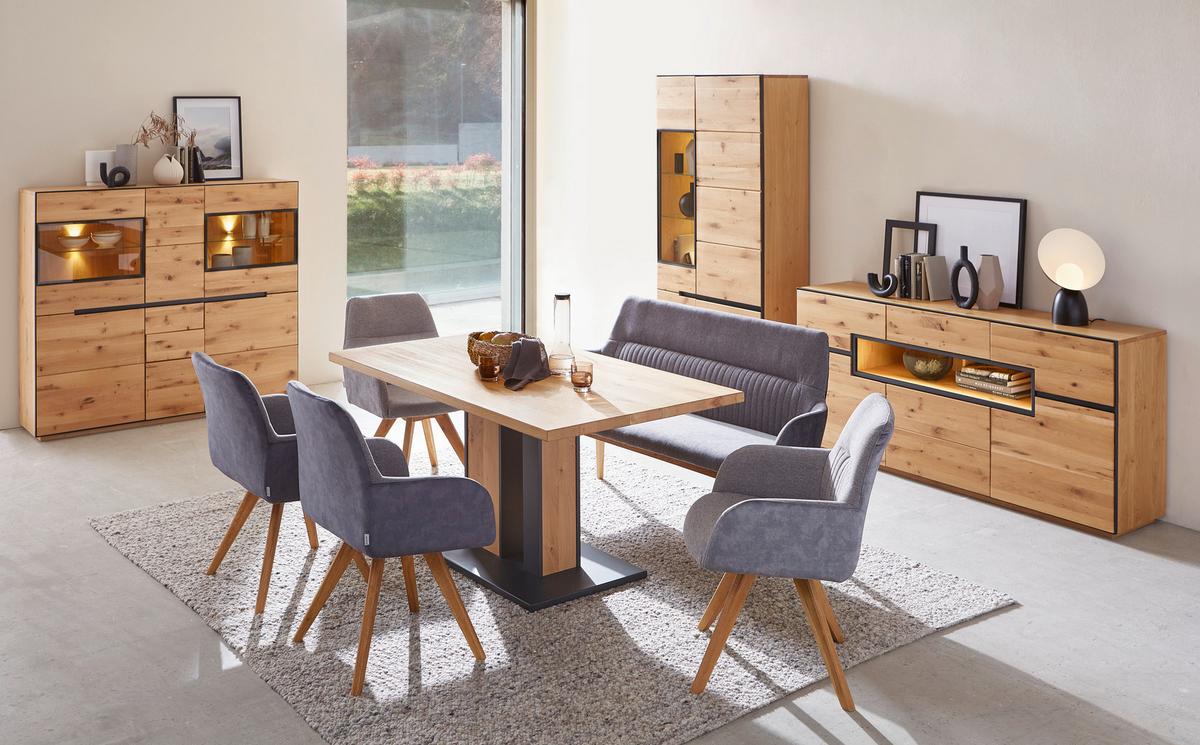 KRZESŁO Z PODŁOKIETNIKAMI VERONA - kolor dębowy/ciemnoszary, Konventionell, drewno/tkanina (61/88/69cm) - Linea Natura