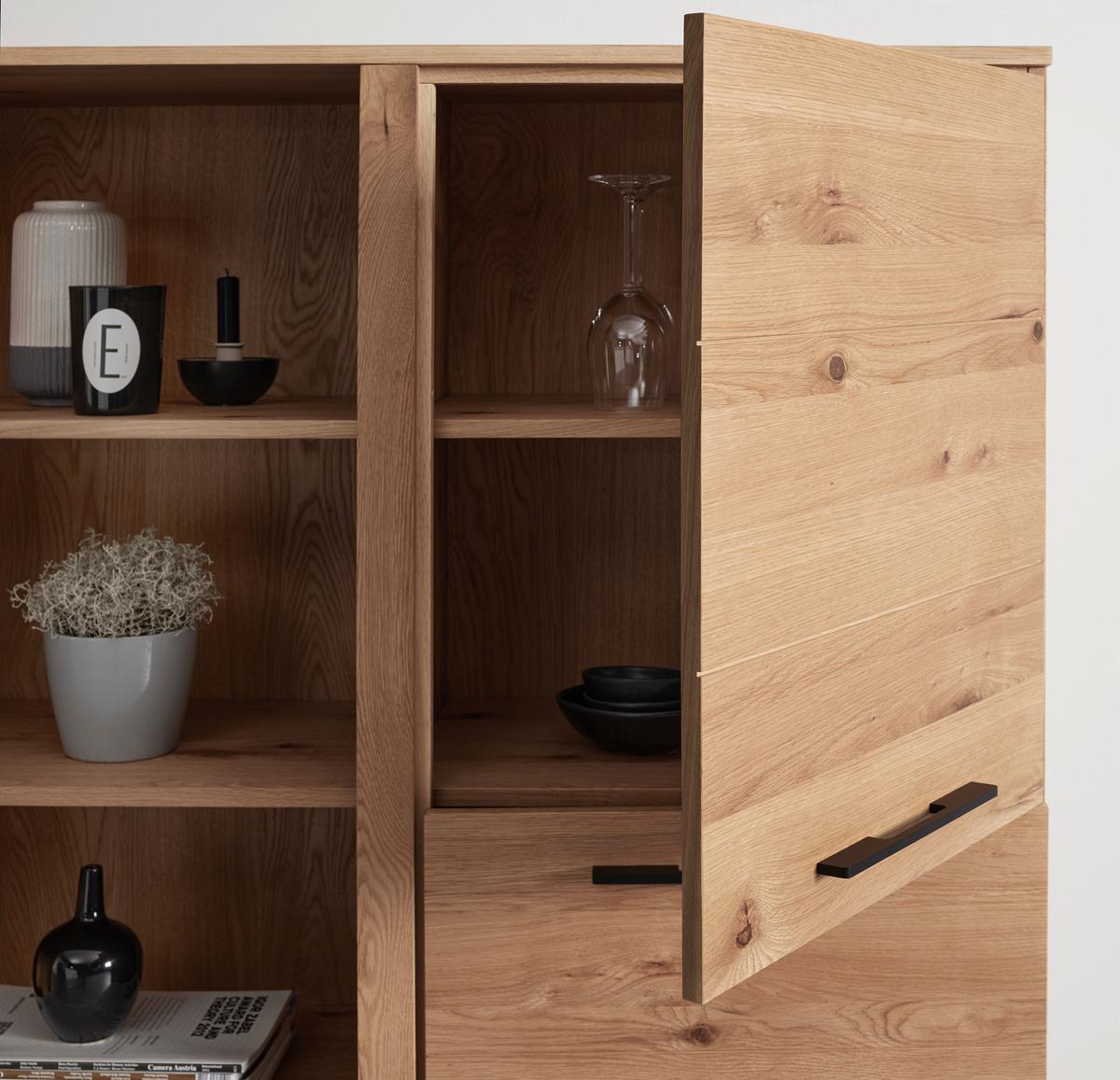 Highboard "Emilio", aus Eiche - Eichefarben/Schwarz, Modern, Holz/Metall (115/150/40cm) - Bessagi Home
