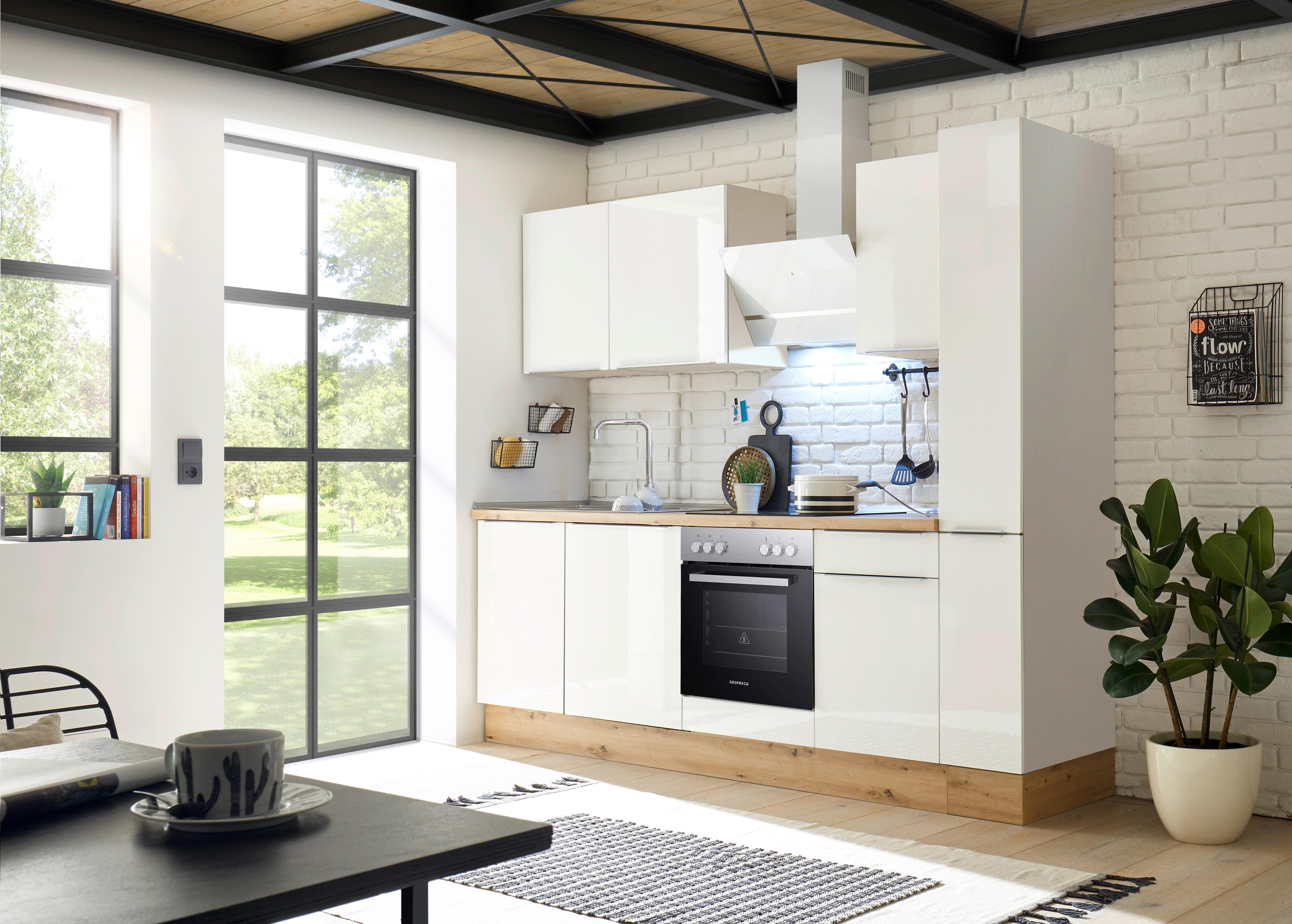 Küchenblock mit Geräte Weiß/Eiche B: ca. 250 cm - Weiß Hochglanz/Alufarben, LIFESTYLE, Holzwerkstoff/Kunststoff (250cm) - Respekta