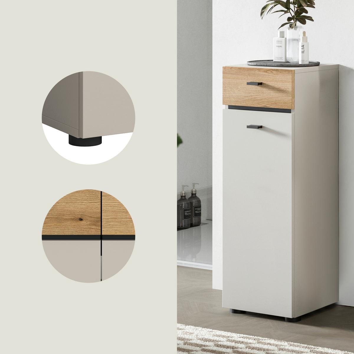 Midischrank Aqua Kaschmir - Kaschmir/Eichefarben, Trend, Holzwerkstoff/Kunststoff (32/91/30cm) - MID.YOU