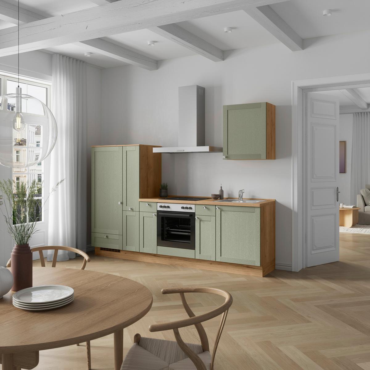 Küchenleerblock Frame Low o. Geräte Olivgrün - Edelstahlfarben/Eichefarben, MODERN, Holzwerkstoff/Metall (270cm) - Nobilia