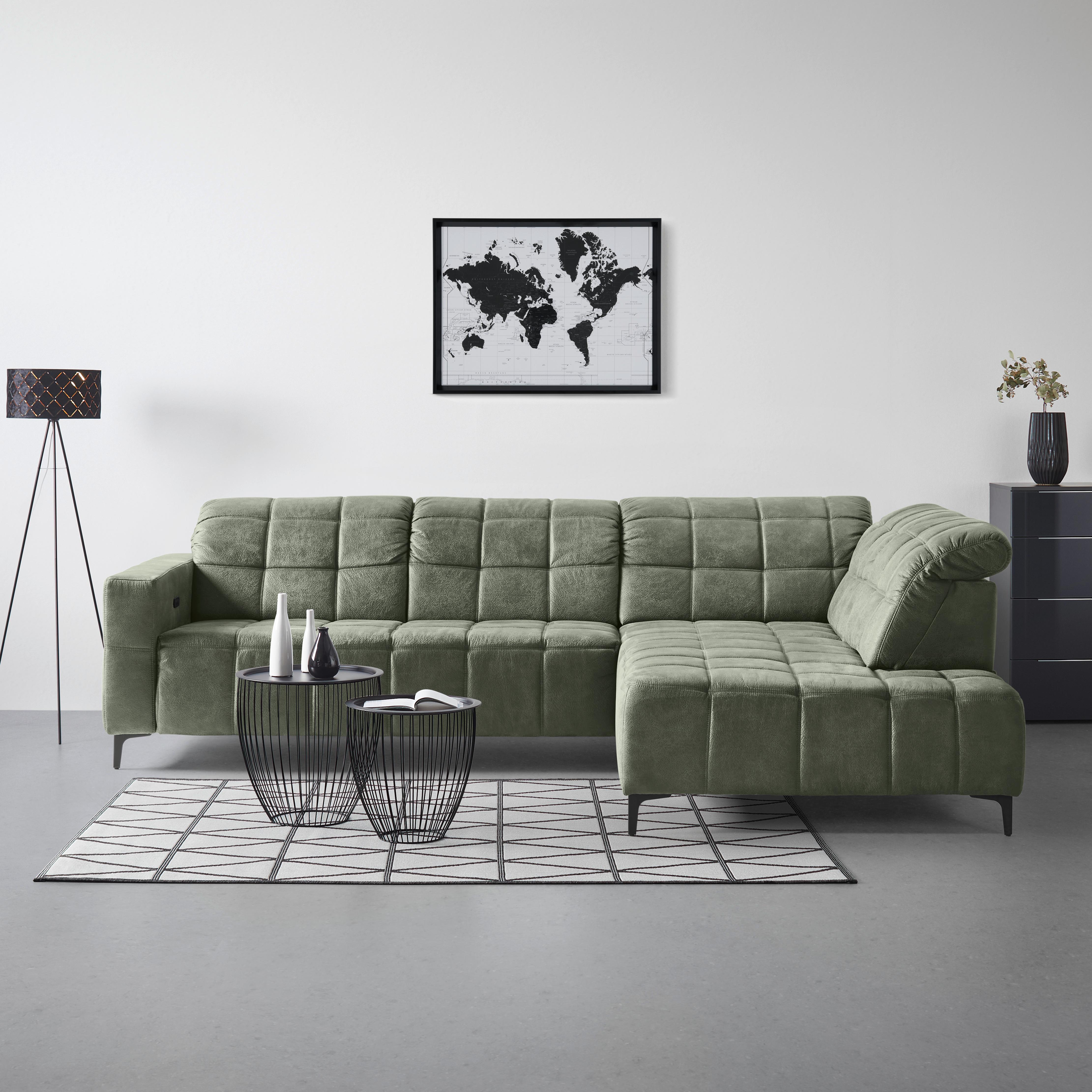 Ecksofa Panama rechts Olivgrün - Schwarz/Olivgrün, KONVENTIONELL, Textil/Metall (304/89-102/216cm) - Premium Living