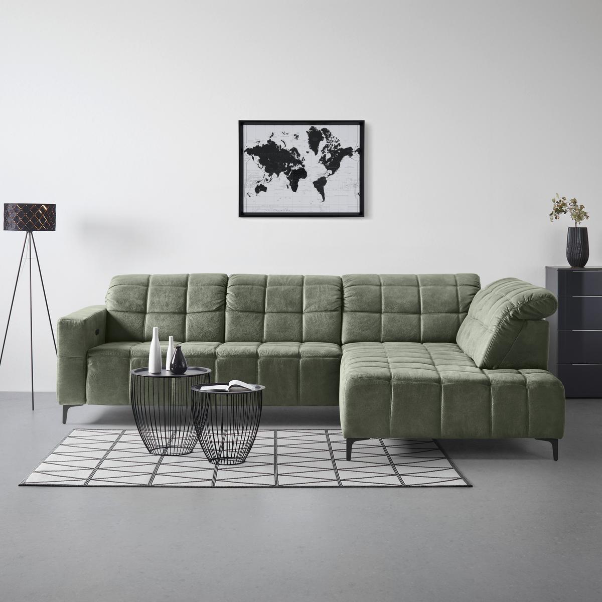 Ecksofa Panama rechts Olivgrün - Schwarz/Olivgrün, KONVENTIONELL, Textil/Metall (304/89-102/216cm) - Premium Living