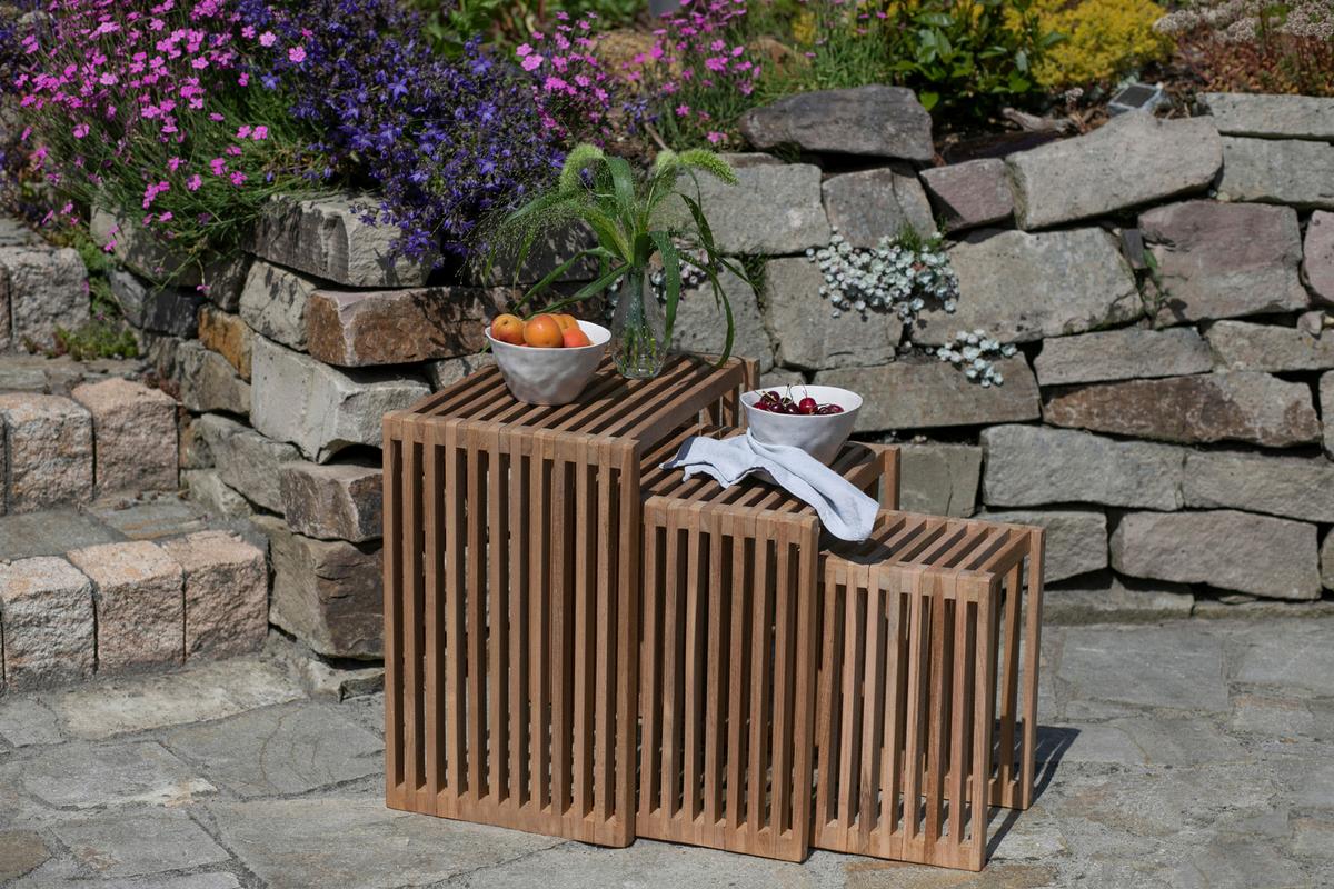 Garten-Beistelltischset Woodie 3er-Set Teak massiv - Teakfarben, Basics, Holz - Gardenson