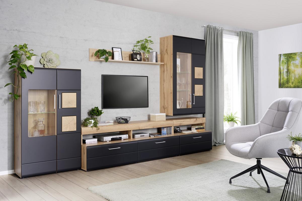 Wohnwand in Schwarz/Eichefarben - Chromfarben/Eichefarben, KONVENTIONELL, Glas/Holzwerkstoff (330/208/52cm) - Mömax