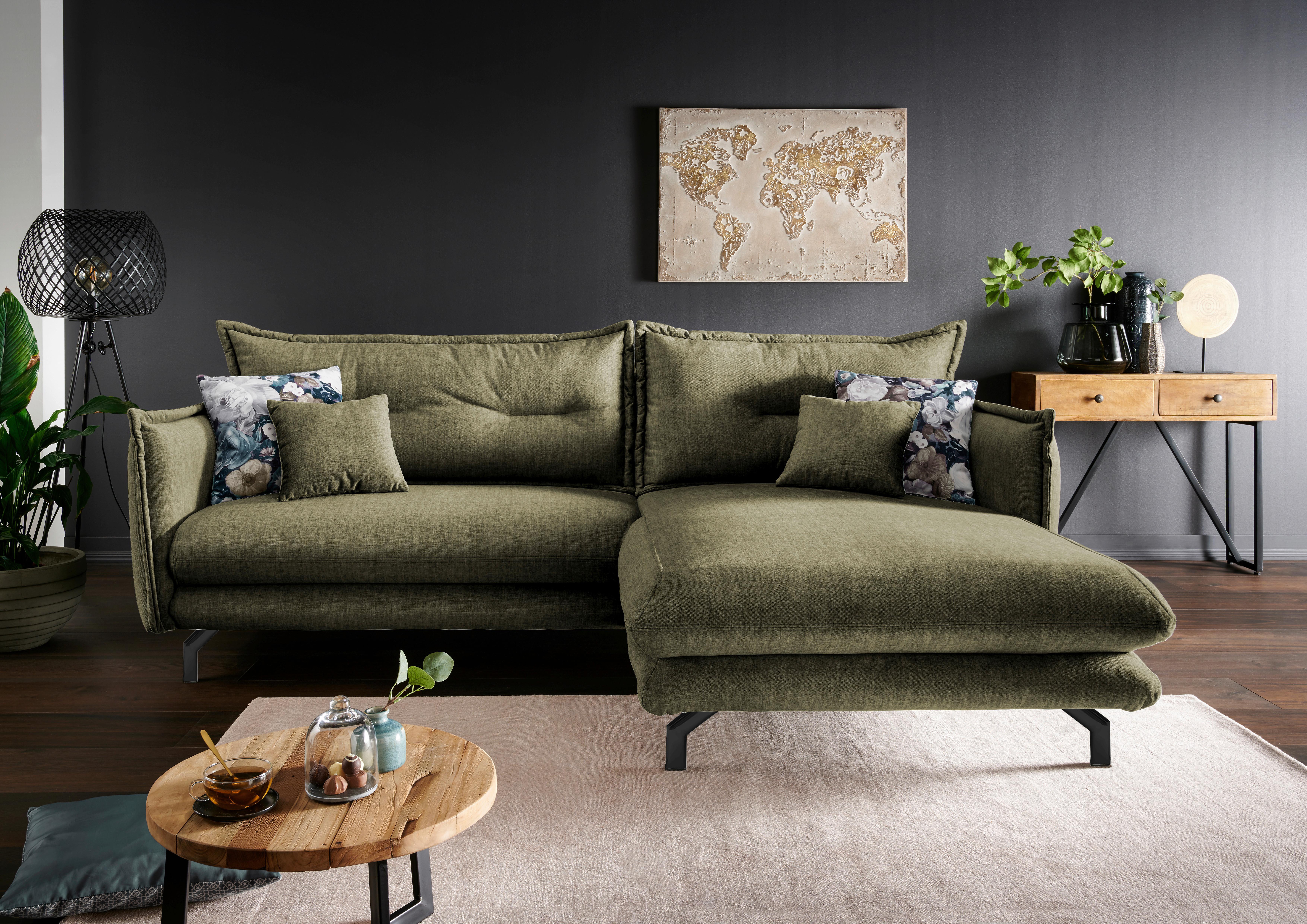 Wohnlandschaft Lava Grün Velours - Türkis/Schwarz, MODERN, Textil/Metall (255/180cm) - Livetastic