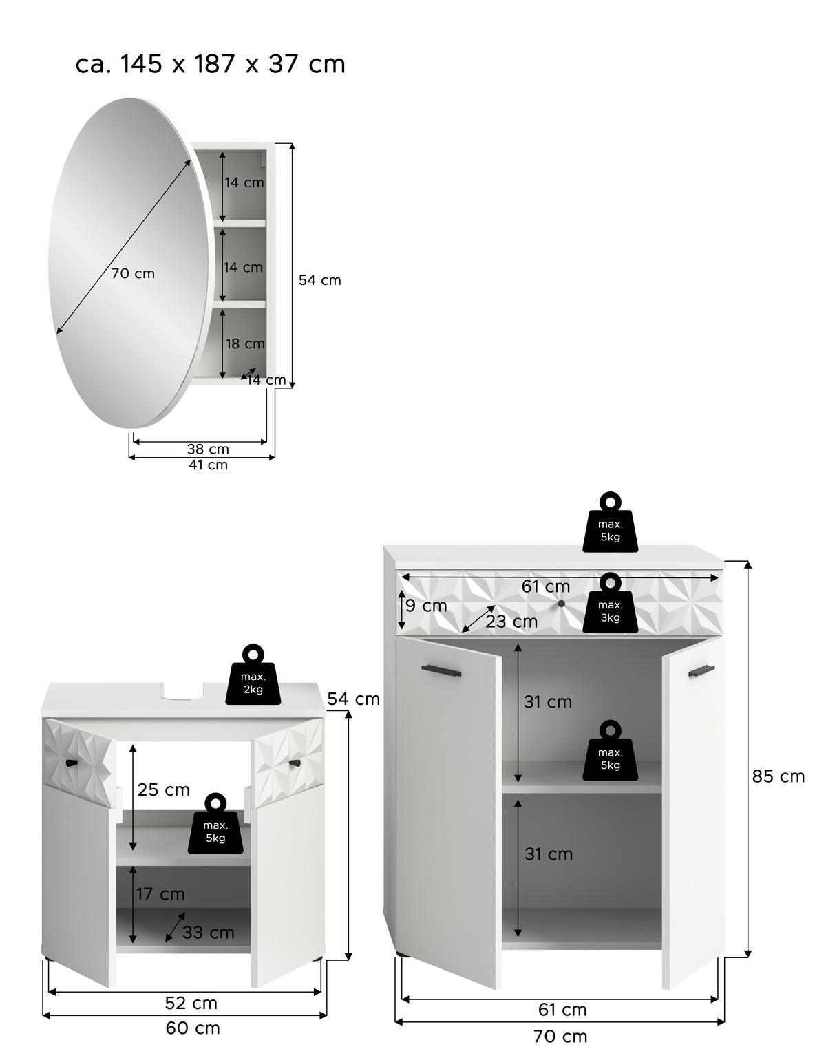 Kopalnica Prisma, Bela, 3-Delni Set - črna/bela, Moderno, kovina/umetna masa (130cm) - MID.YOU