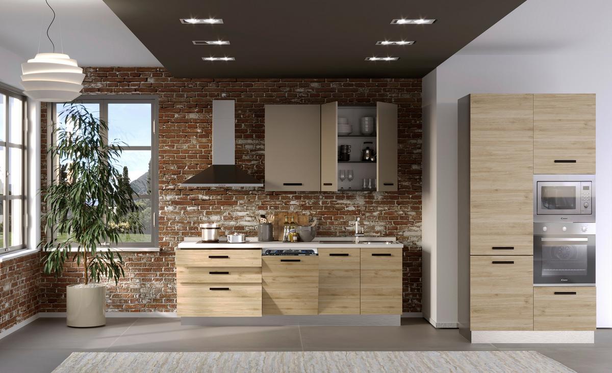 Bucatarie standard ROVERE - gri deschis/culoare lemn stejar, Modern, metal/material pe bază de lemn (360/240/60cm) - Mömax