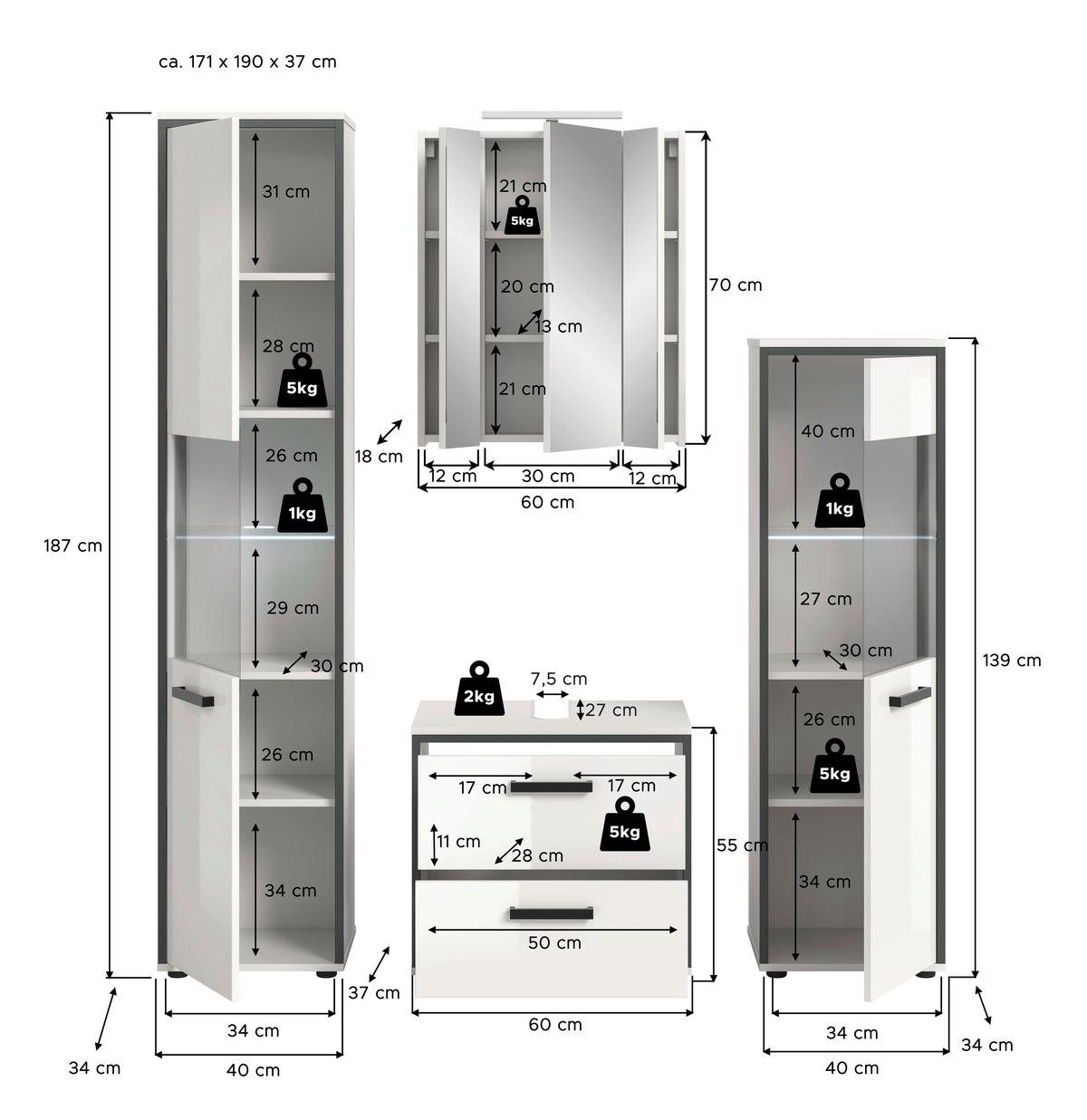 Badezimmer Kojak 4-tlg. Weiß/Anthrazit m. LED - Weiß Hochglanz/Schwarz, MODERN, Holzwerkstoff/Kunststoff (140cm) - MID.YOU