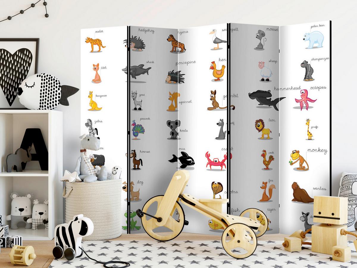 Paravan Learning By Playing I, 5-Delni, Dvostranski - bela/večbarvno, Basics, tekstil/les (225/172/3cm) - artgeist