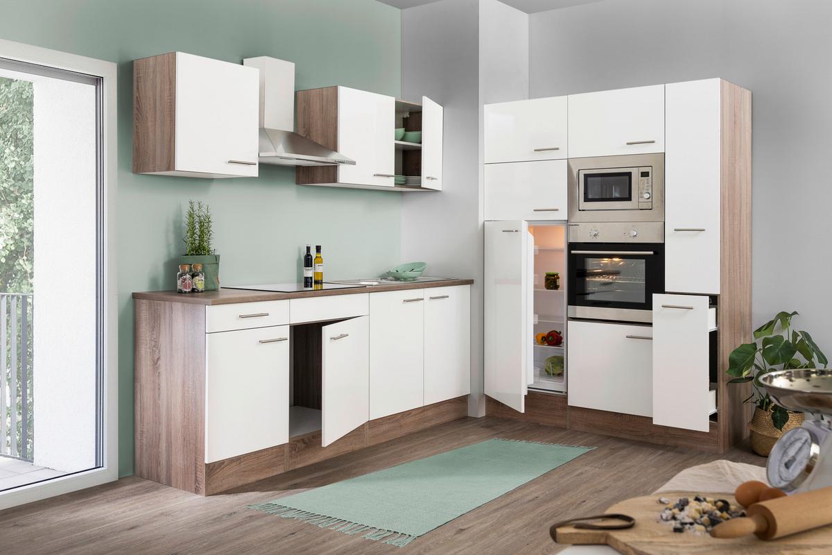 Küchenblock mit Geräten Weiß/Eiche B: ca. 360 cm - Edelstahlfarben/Eichefarben, Design, Holzwerkstoff/Metall (360cm) - Respekta