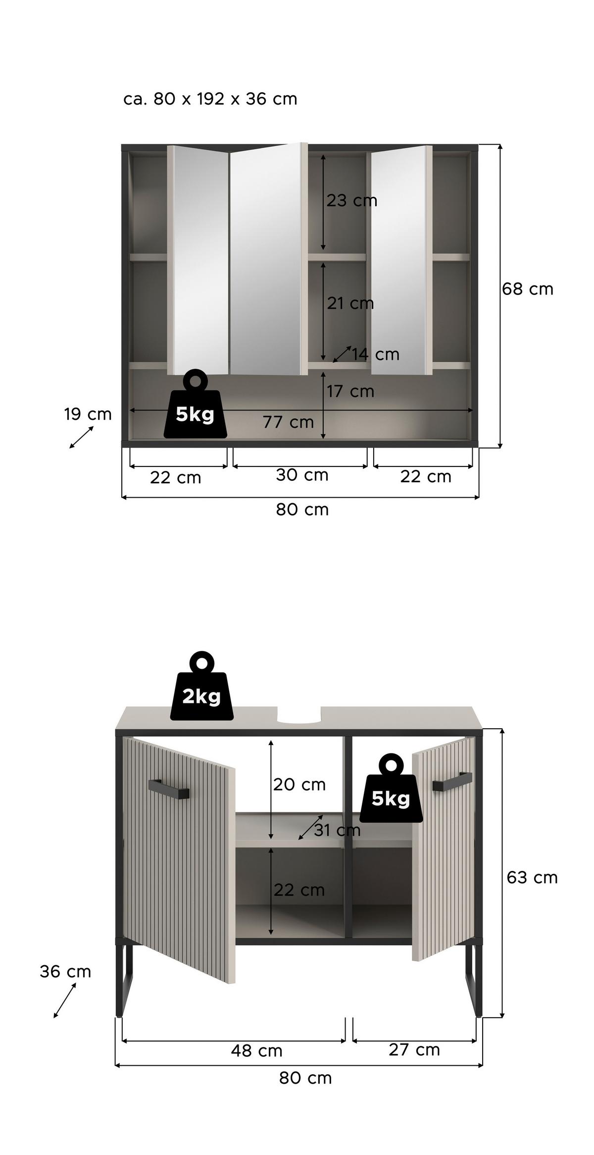 Badezimmer BAGNO 2-teilig ca.80cm Kaschmir - Kaschmir/Schwarz, MODERN, Holzwerkstoff/Metall (80cm) - MID.YOU