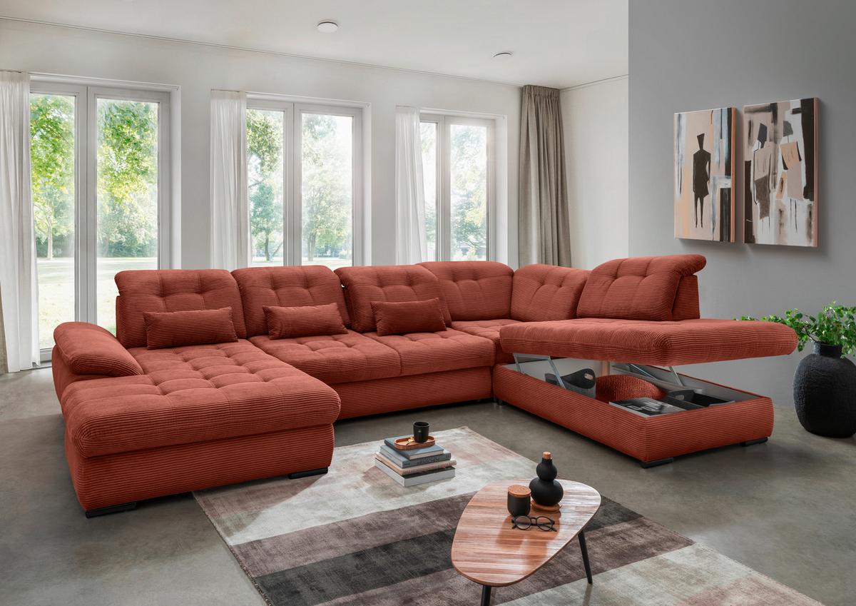 Wohnlandschaft Rigatti Koralle Cord mit Bettkasten - Koralle/Schwarz, MODERN, Textil/Metall (184/387/252cm) - Livetastic