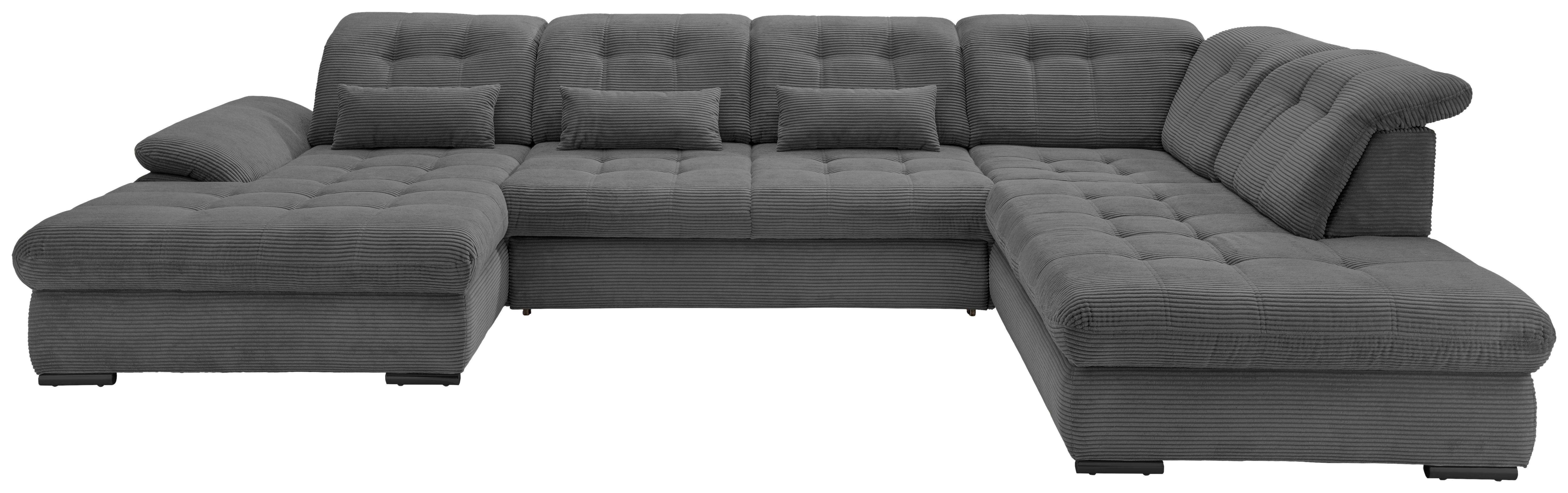 Wohnlandschaft Rigatti Grau Cord mit Bettkasten - Schwarz/Grau, MODERN, Textil/Metall (184/387/252cm) - Livetastic