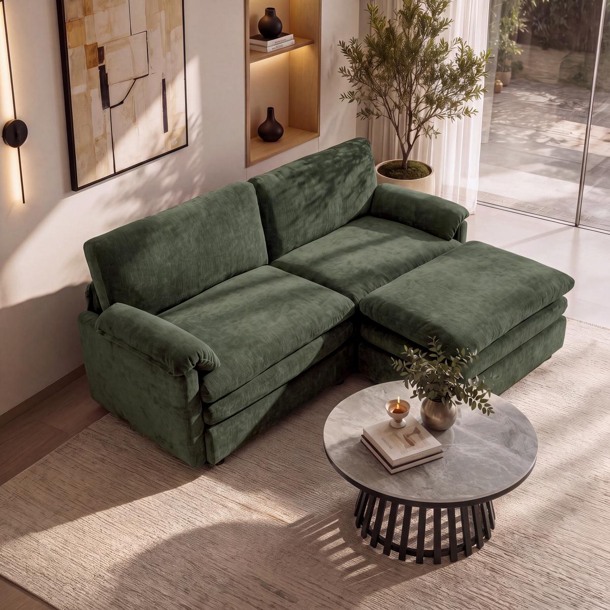 Wohnlandschaft Alessia Chenille Grün - Schwarz/Grün, MODERN, Holz/Kunststoff (188/137cm) - Bessagi Home