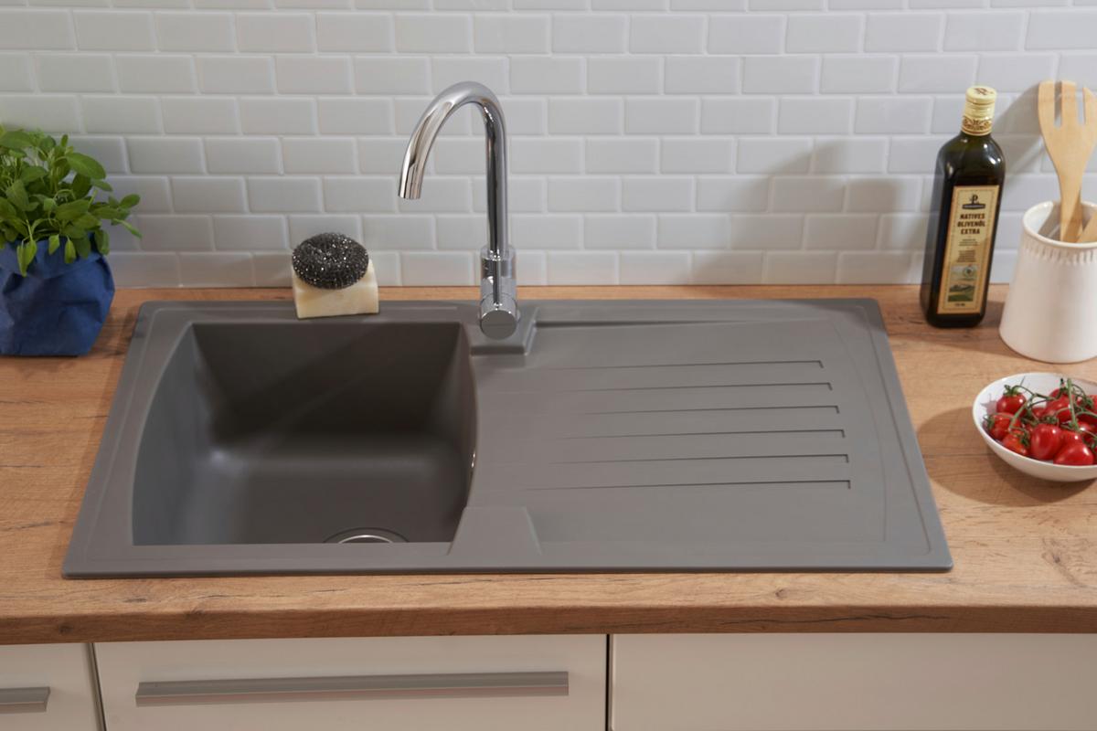 Spüle Boston Grau Kunststein B: ca. 86 cm - Grau, Trend, Glas/Kunststoff (86/20/50cm) - Respekta