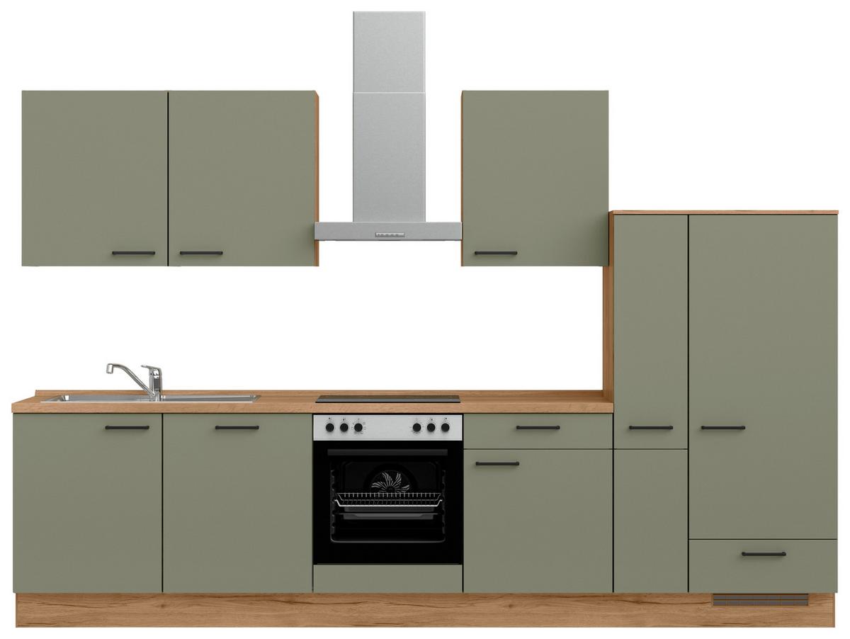 Küchenleerblock Senso Low o. Geräte Olivgrün - Eichefarben/Schwarz, MODERN, Holzwerkstoff/Metall (330cm) - Nobilia