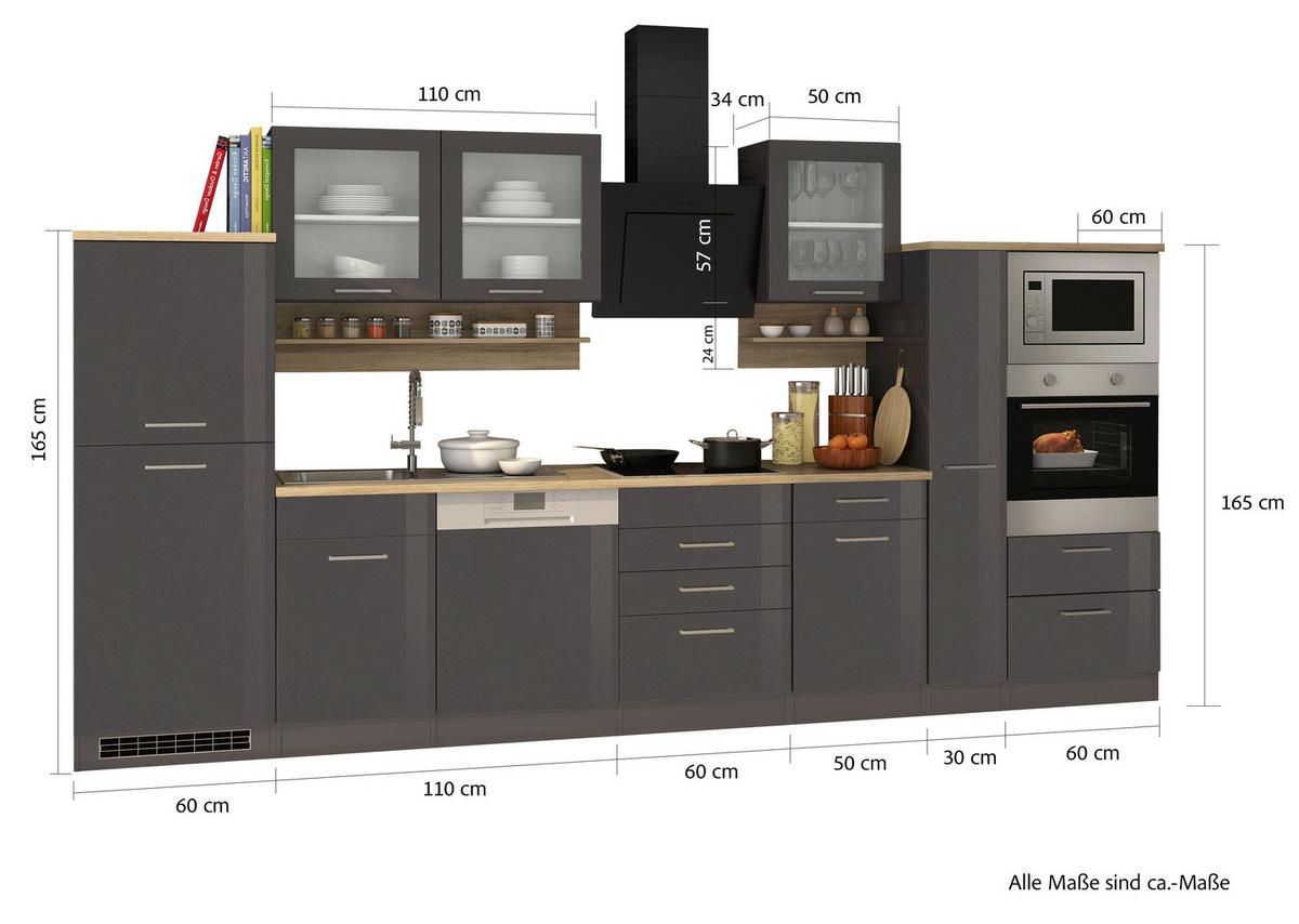 Küchenblock Mailand m. Geräten Graphitfarben - Silberfarben/Graphitfarben, MODERN, Glas/Holzwerkstoff (370cm) - Held