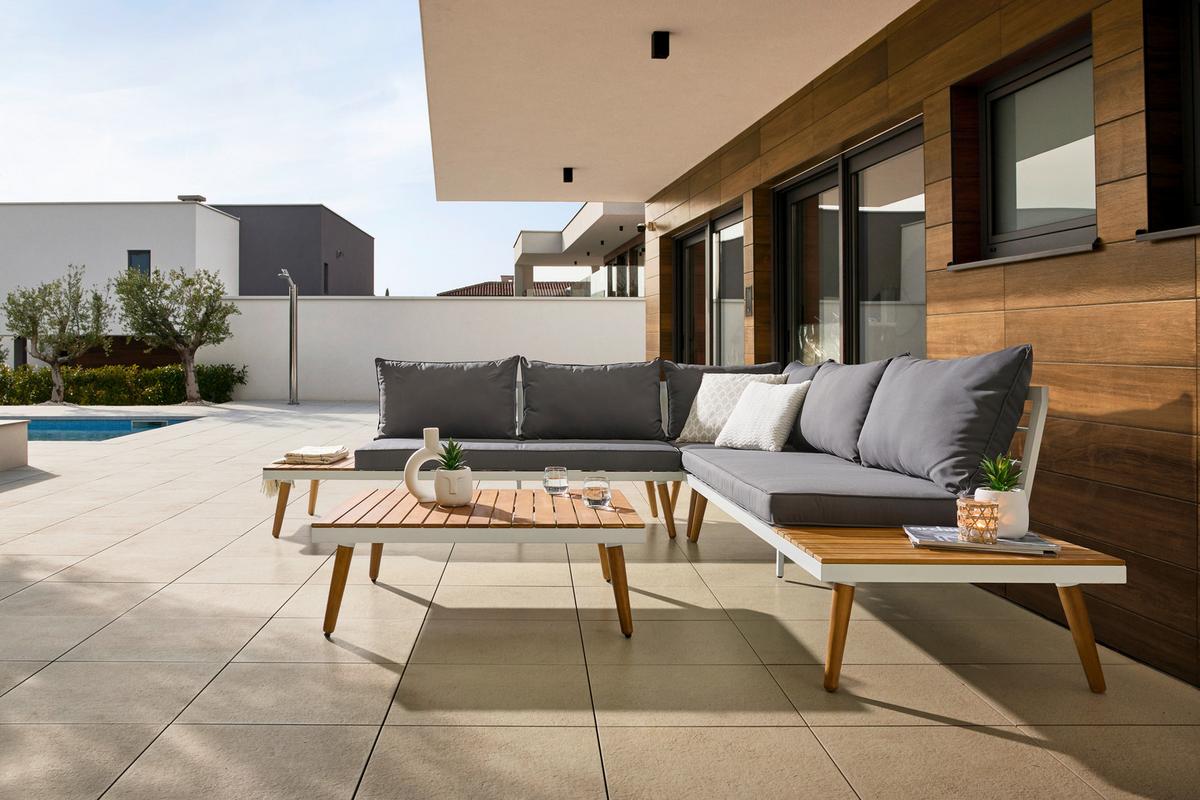 Lounge Garnitura Madeira, Bela, Siva, Les Akacije - temno siva/bela, Moderno, kovina/tekstil (90/30/70cm) - Beldano