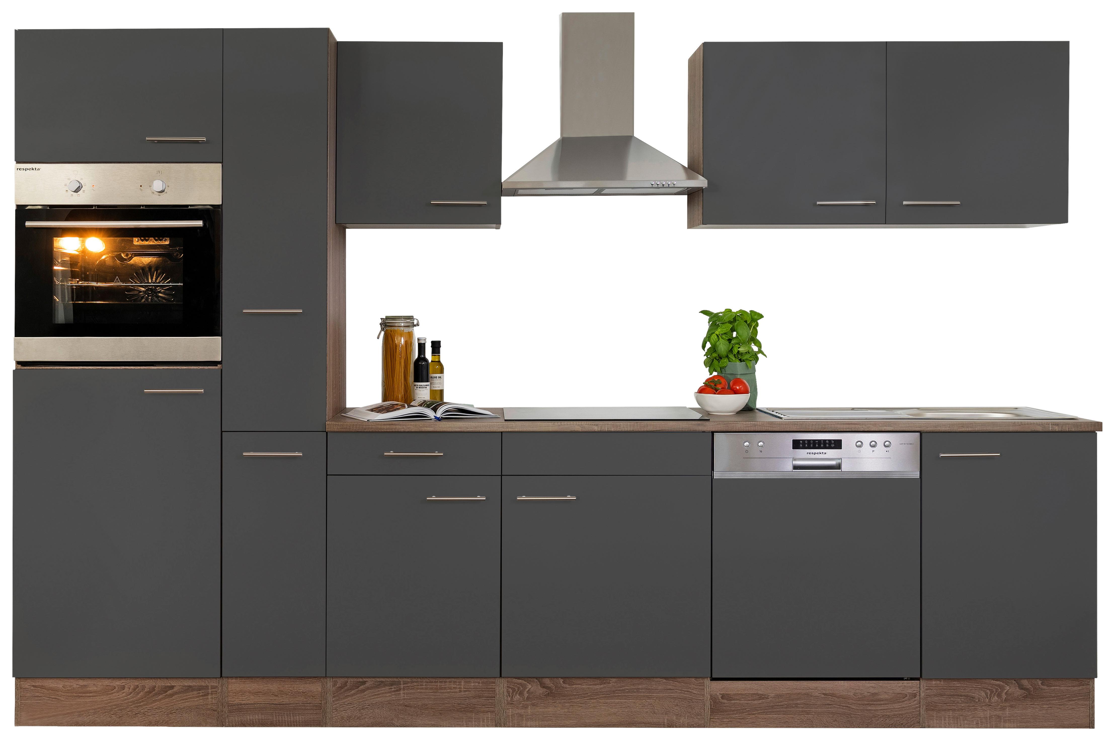 Küchenzeile mit Geräte Grau /Eiche Dekor ca. ca. 310 cm - Edelstahlfarben/Eichefarben, Design, Holzwerkstoff (310cm) - Respekta
