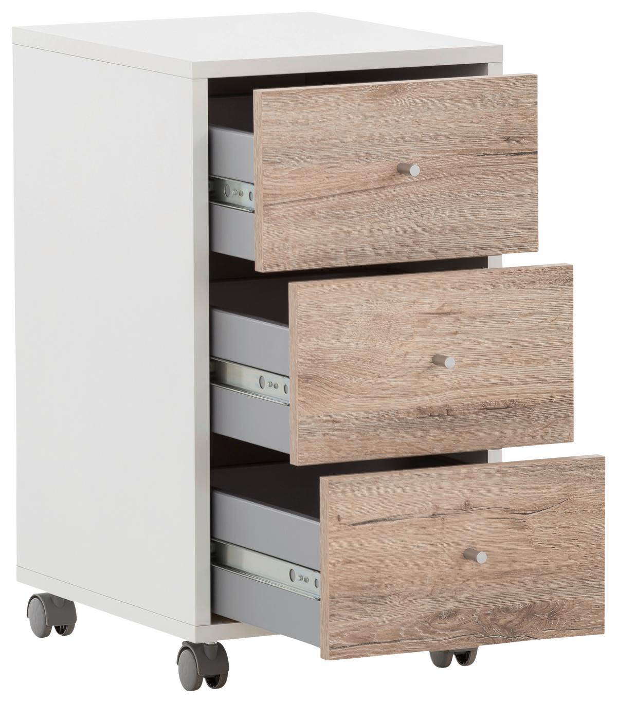 Rollcontainer 400 Weiß/Wildeiche - Wildeiche/Silberfarben, MODERN, Holzwerkstoff/Kunststoff (32,6/59,7/39,1cm) - MID.YOU