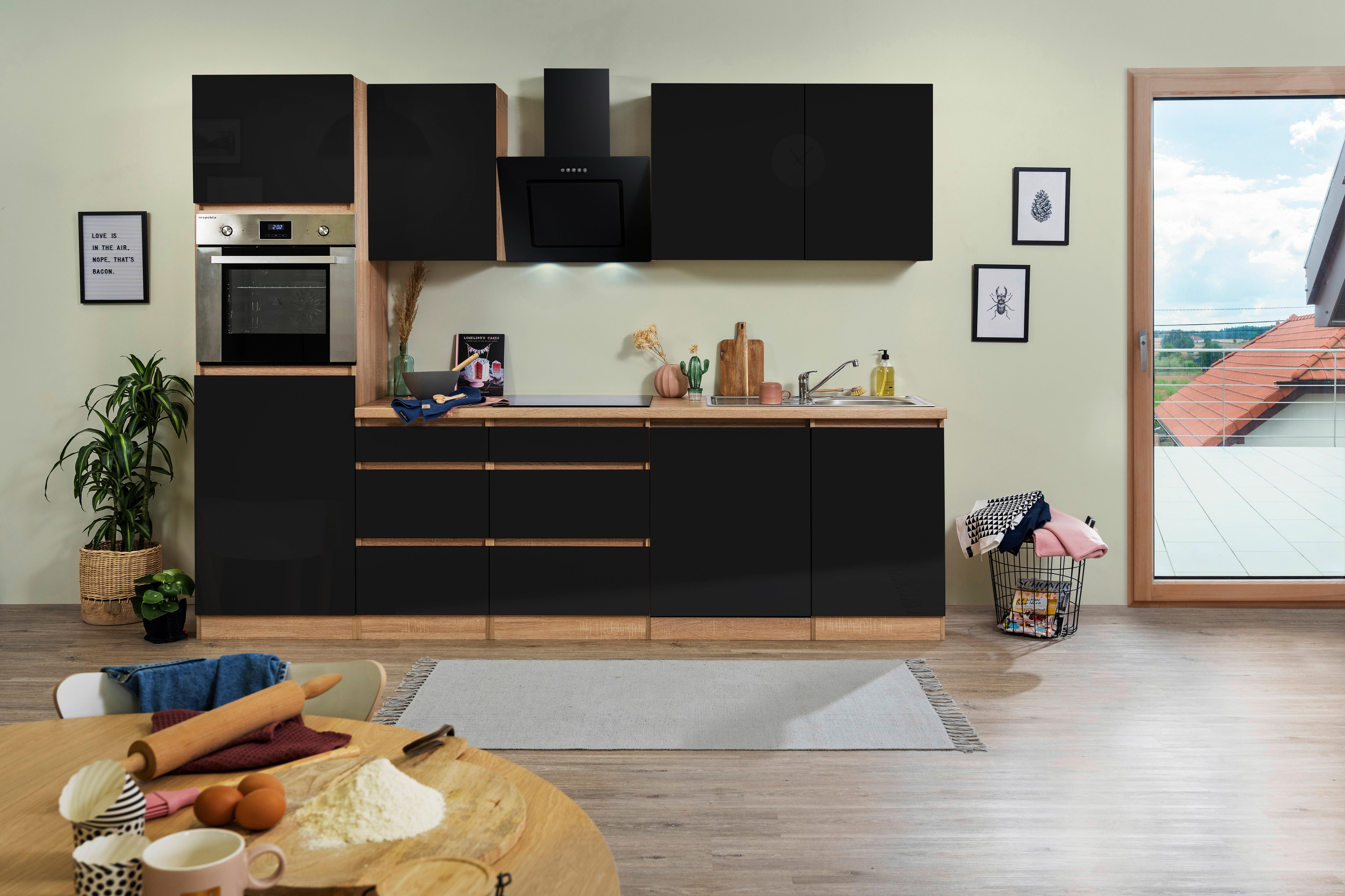 Küchenblock Premium Grau/Eiche B: ca. 280 cm - Eichefarben/Schwarz, MODERN, Holzwerkstoff (280cm) - Respekta