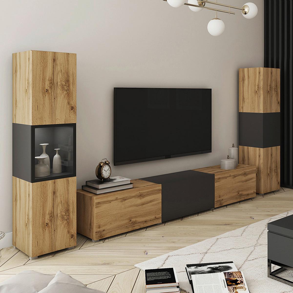 Wohnwand Berlin Eiche Wotan/Schwarz - Eiche Wotan/Schwarz, Design, Glas/Holzwerkstoff (240/130/31cm) - P & B