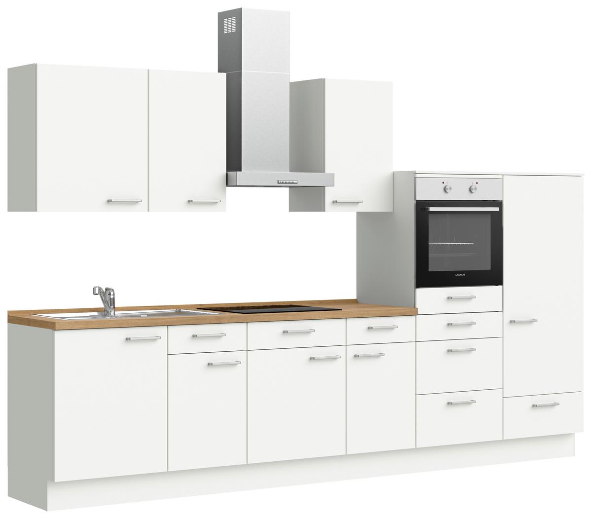 Küchenblock Touch Low m. Geräten Weiß - Edelstahlfarben/Eichefarben, MODERN, Holzwerkstoff/Metall (330cm) - Nobilia