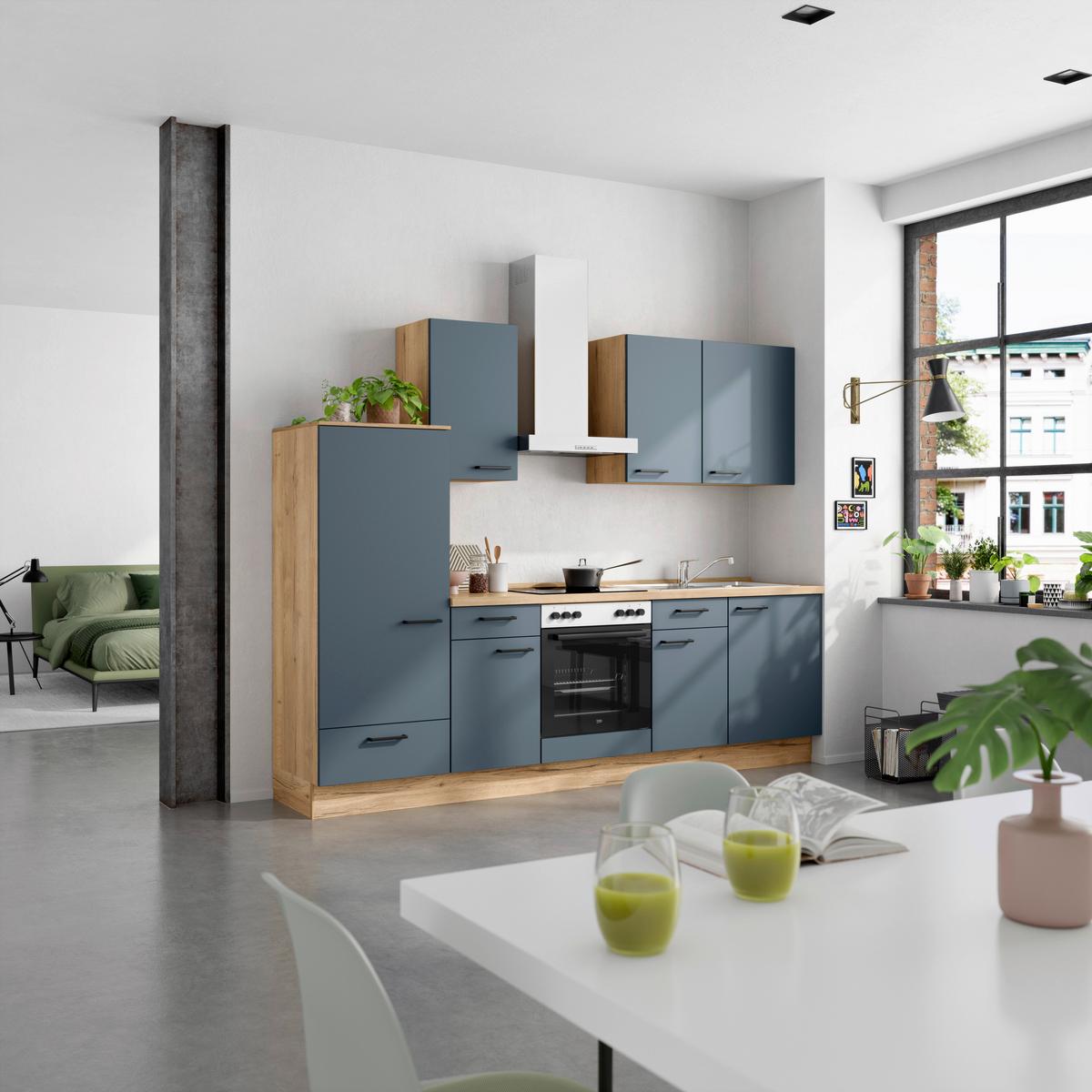 Küchenblock Easytouch Low m. Geräten Dunkelblau - Eichefarben/Schwarz, MODERN, Holzwerkstoff/Metall (270cm) - Nobilia
