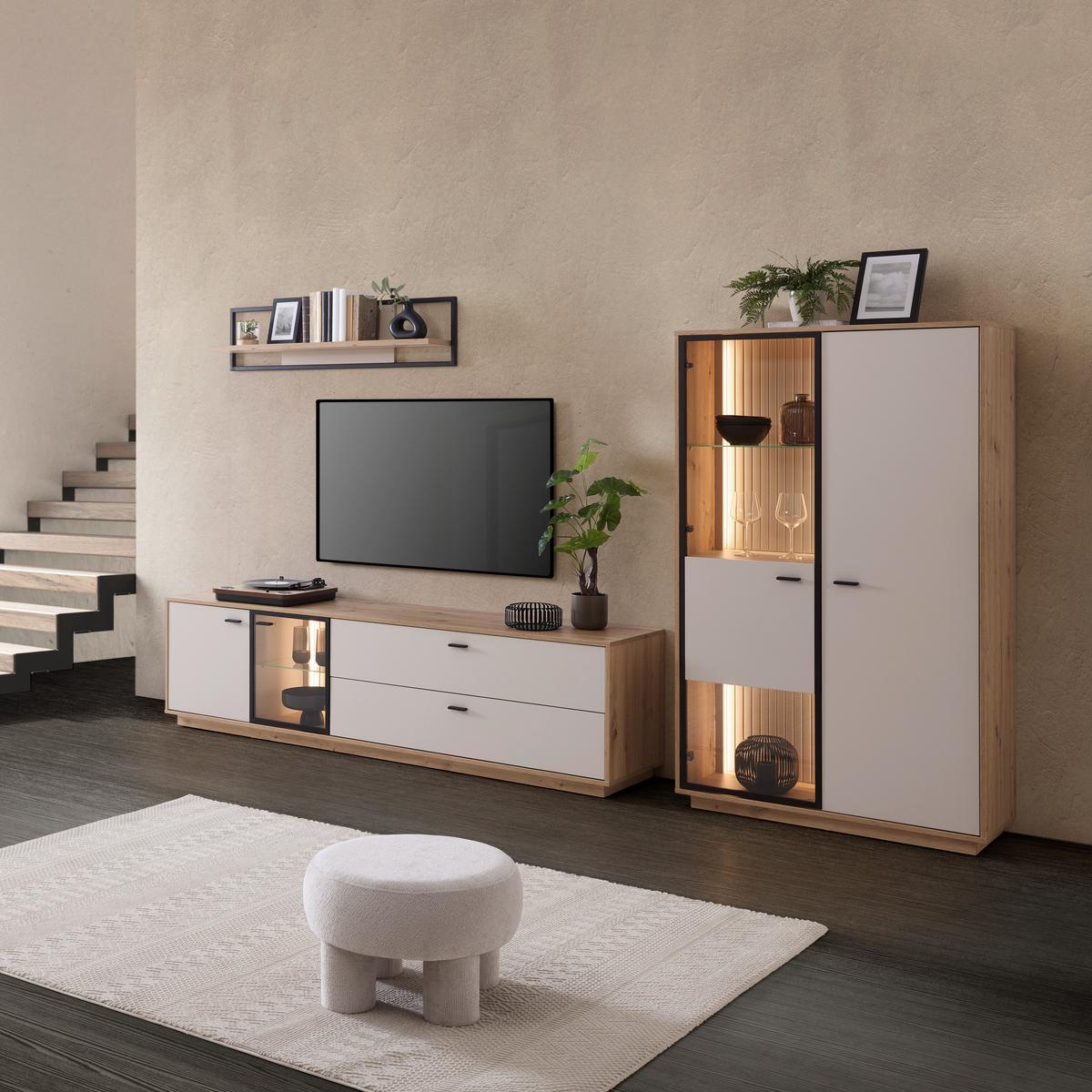 Highboard Cremona Kaschmir/Eiche Artisan - Kaschmir/Schwarz, MODERN, Glas/Holzwerkstoff (100,3/161,7/38cm) - Premium Living