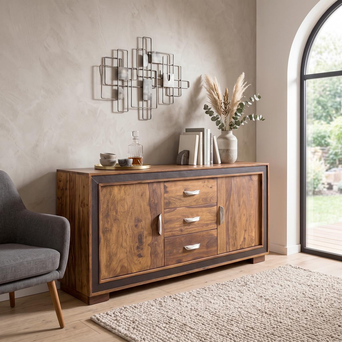 Komoda Mumbai, Pravi Les - srebrne barve/črna, Design, kovina/tekstil (160/80/44cm) - MID.YOU