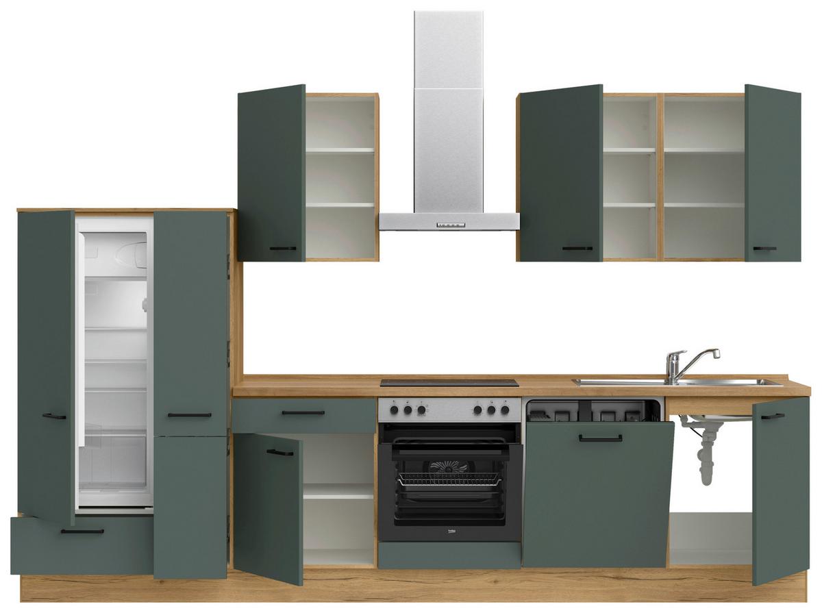 Küchenblock Easytouch m. Geräten Dunkelgrün - Dunkelgrün/Eichefarben, MODERN, Holzwerkstoff/Metall (330cm) - Nobilia