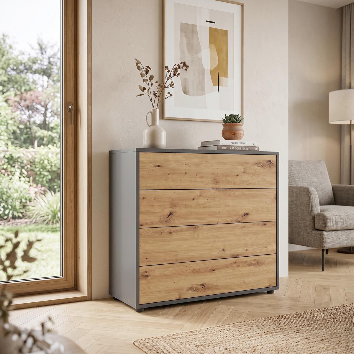Kommode Mailand Typ 3 Anthrazit/Eichefarben - Anthrazit/Schwarz, MODERN, Holzwerkstoff/Kunststoff (79/73/33cm) - MID.YOU