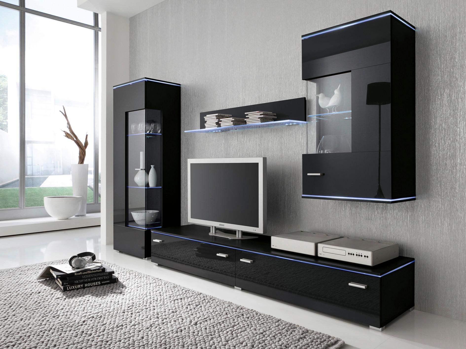 MEBLOŚCIANKA DO SALONU HAPPY 3 - kolor srebrny/czarny, Design, materiał drewnopochodny/tworzywo sztuczne (230/148/42cm) - Livetastic